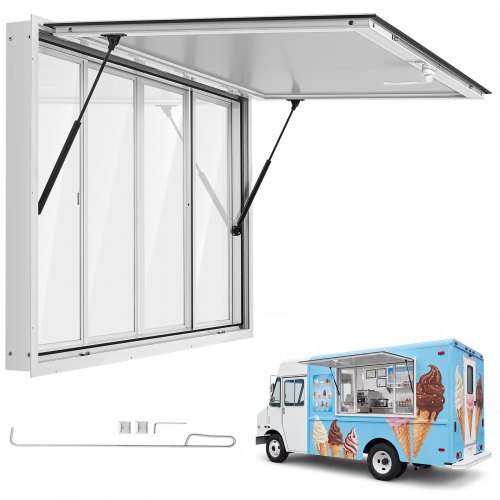 VEVOR Food Truck Verkoopraam 1524 x 915 mm, gemaakt van aluminiumlegering, verkoopraam voor foodtrucks, opent tot 85°, 4 acryl schuiframen, verkoopklep, trekhaak, regenhoes