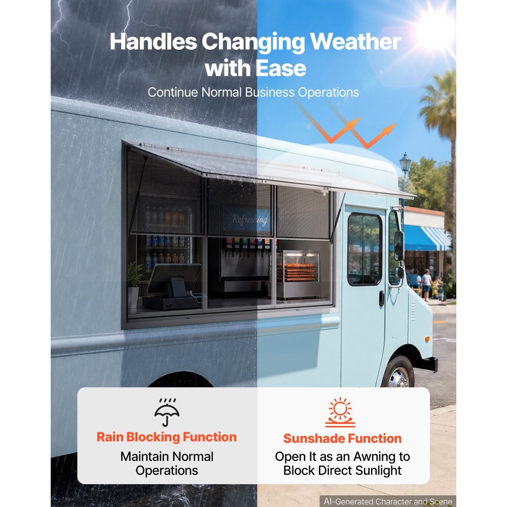 VEVOR Foodtruck Verkoopraam 1626 x 1016 mm Aluminiumlegering, Verkoopraam opent tot 85°, 3 vaste glaspanelen bovenaan, 3 schuifbare horren onderaan, Verkoopklep, Regenhoes
