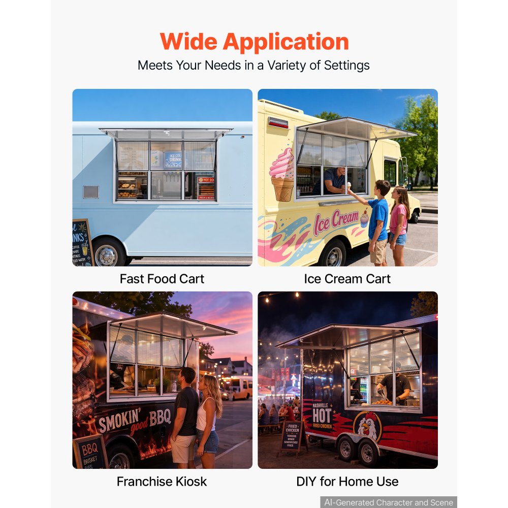 VEVOR Foodtruck Verkoopraam 1626 x 1016 mm Aluminiumlegering, Verkoopraam opent tot 85°, 3 vaste glaspanelen bovenaan, 3 schuifbare horren onderaan, Verkoopklep, Regenhoes