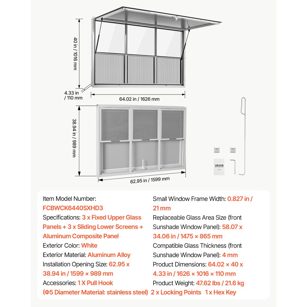 VEVOR Foodtruck Verkoopraam 1626 x 1016 mm Aluminiumlegering, Verkoopraam opent tot 85°, 3 vaste glaspanelen bovenaan, 3 schuifbare horren onderaan, Verkoopklep, Regenhoes