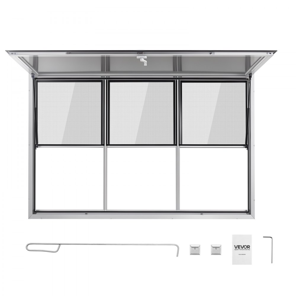 VEVOR Foodtruck Verkoopraam 1626 x 1016 mm Aluminiumlegering, Verkoopraam opent tot 85°, 3 vaste glaspanelen bovenaan, 3 schuifbare horren onderaan, Verkoopklep, Regenhoes