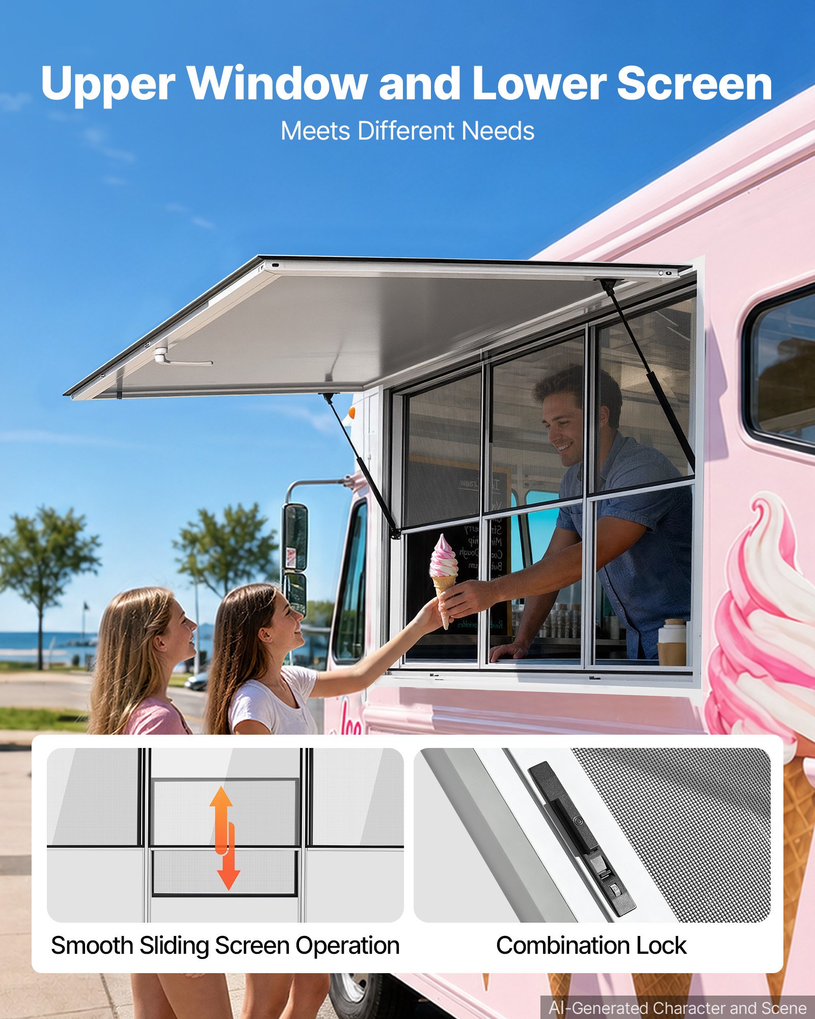 VEVOR Foodtruck Verkoopraam 1626 x 1016 mm Aluminiumlegering, Verkoopraam opent tot 85°, 3 vaste glaspanelen bovenaan, 3 schuifbare horren onderaan, Verkoopklep, Regenhoes