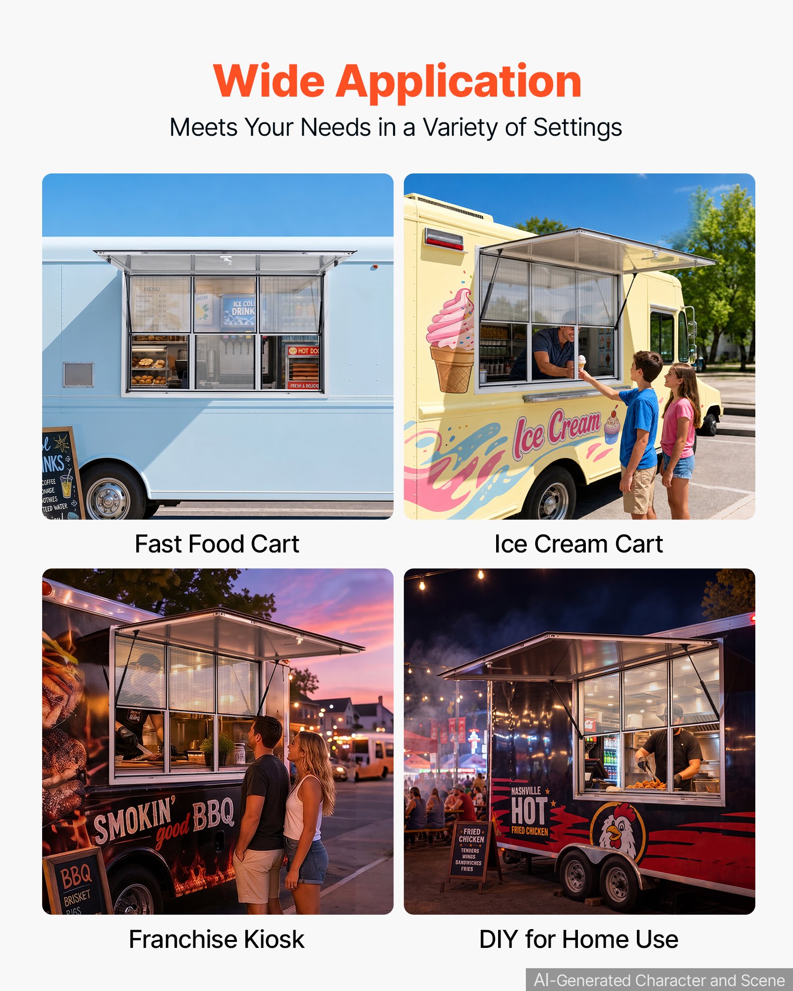 VEVOR Foodtruck Verkoopraam 1626 x 1016 mm Aluminiumlegering, Verkoopraam opent tot 85°, 3 vaste glaspanelen bovenaan, 3 schuifbare horren onderaan, Verkoopklep, Regenhoes