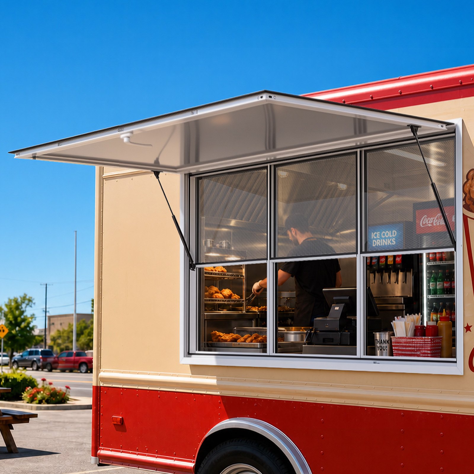 VEVOR Foodtruck Verkoopraam 1626 x 1016 mm Aluminiumlegering, Verkoopraam opent tot 85°, 3 vaste glaspanelen bovenaan, 3 schuifbare horren onderaan, Verkoopklep, Regenhoes