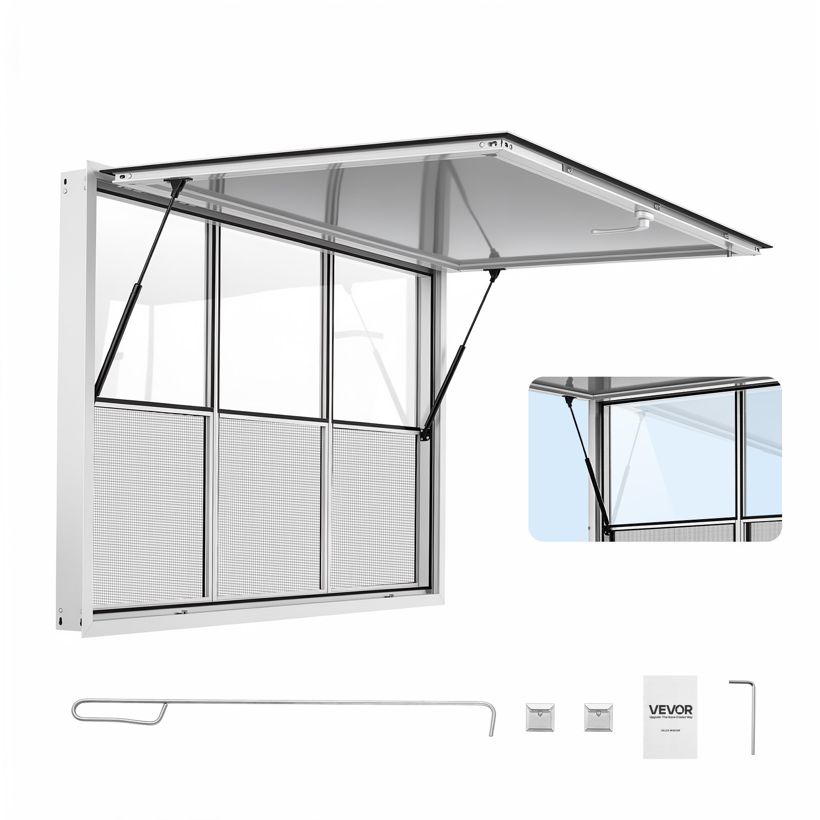 VEVOR Foodtruck Verkoopraam 1626 x 1016 mm Aluminiumlegering, Verkoopraam opent tot 85°, 3 vaste glaspanelen bovenaan, 3 schuifbare horren onderaan, Verkoopklep, Regenhoes
