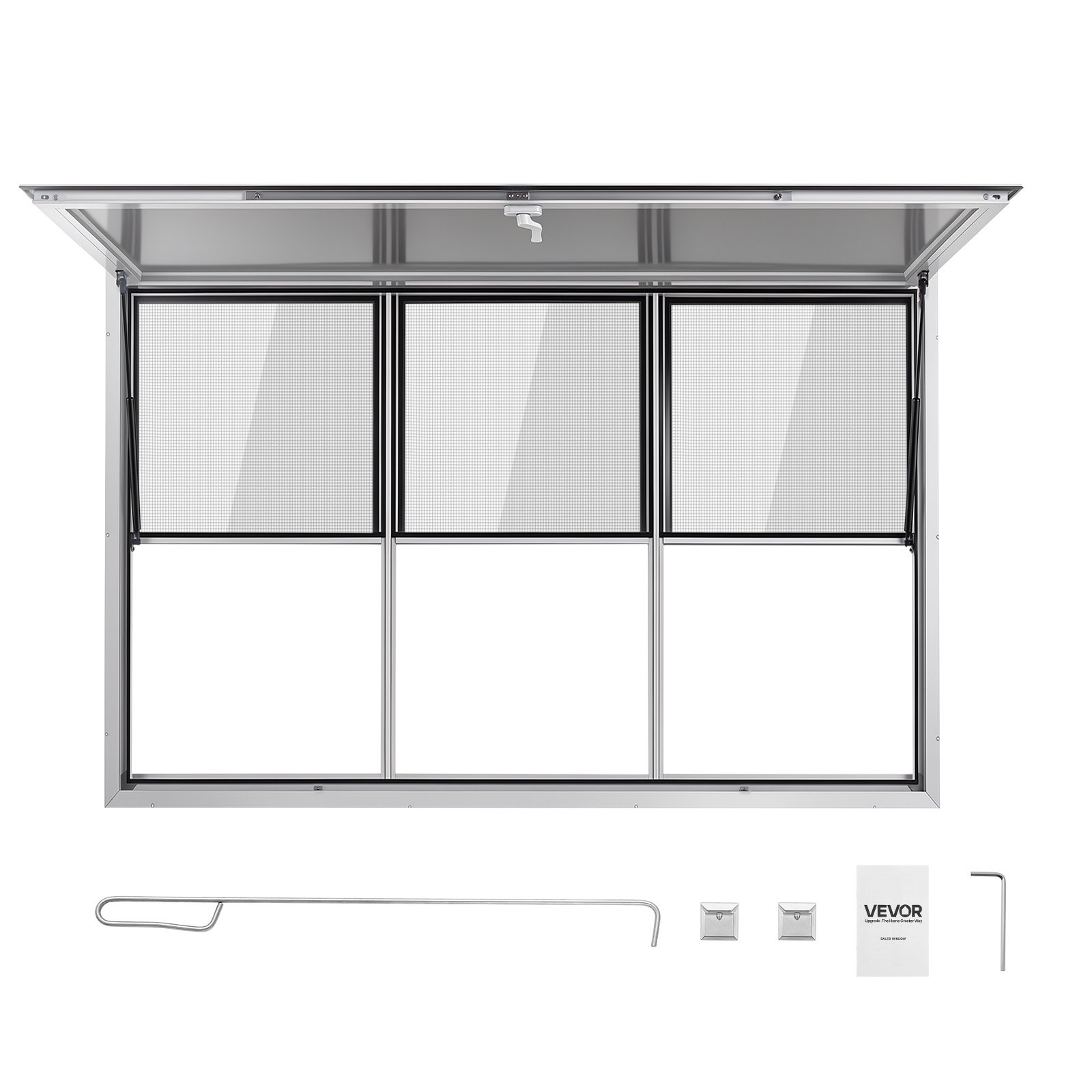 VEVOR Foodtruck Verkoopraam 1626 x 1016 mm Aluminiumlegering, Verkoopraam opent tot 85°, 3 vaste glaspanelen bovenaan, 3 schuifbare horren onderaan, Verkoopklep, Regenhoes