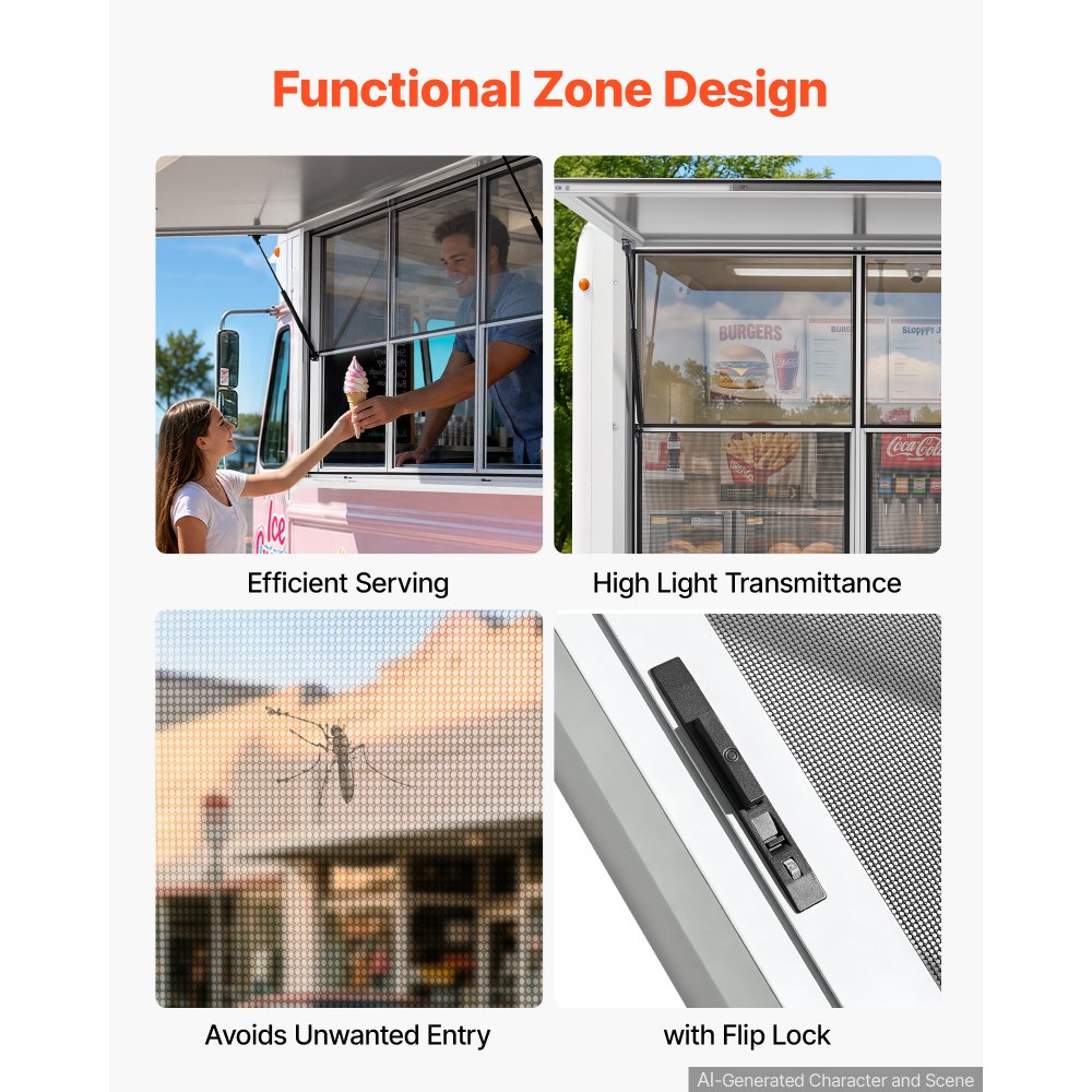 VEVOR Verkoopraam voor Foodtrucks 1880 x 1016 mm Verkoopraam voor Foodtrucks, opent tot 85°, 3 vaste bovenste glaspanelen en 3 verschuifbare onderste roosters, verkoopklep