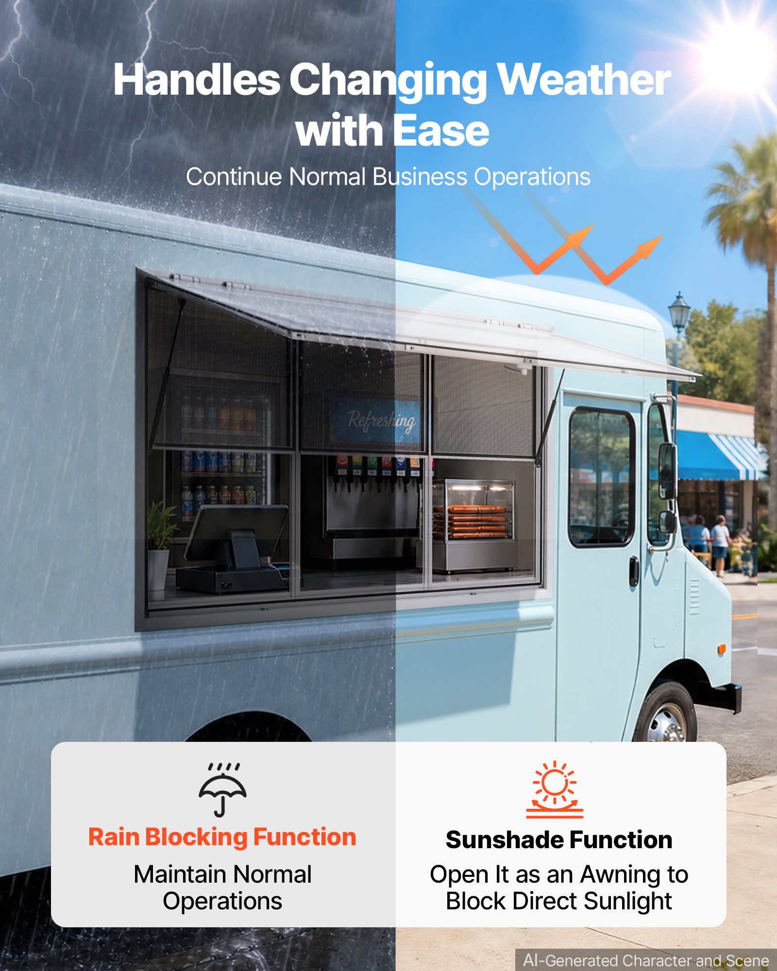 VEVOR Verkoopraam voor Foodtrucks 1880 x 1016 mm Verkoopraam voor Foodtrucks, opent tot 85°, 3 vaste bovenste glaspanelen en 3 verschuifbare onderste roosters, verkoopklep