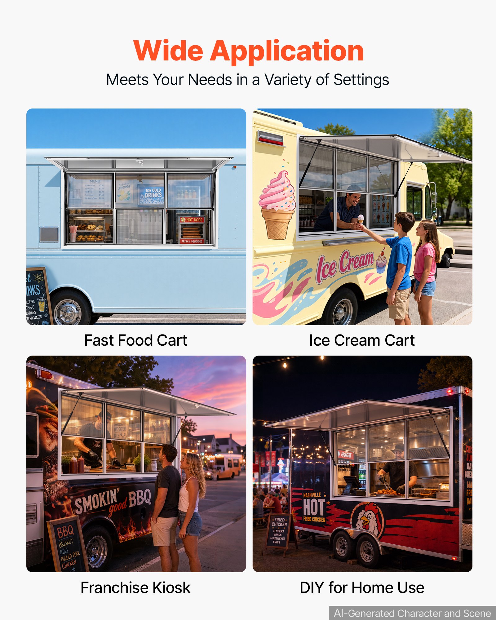 VEVOR Verkoopraam voor Foodtrucks 1880 x 1016 mm Verkoopraam voor Foodtrucks, opent tot 85°, 3 vaste bovenste glaspanelen en 3 verschuifbare onderste roosters, verkoopklep
