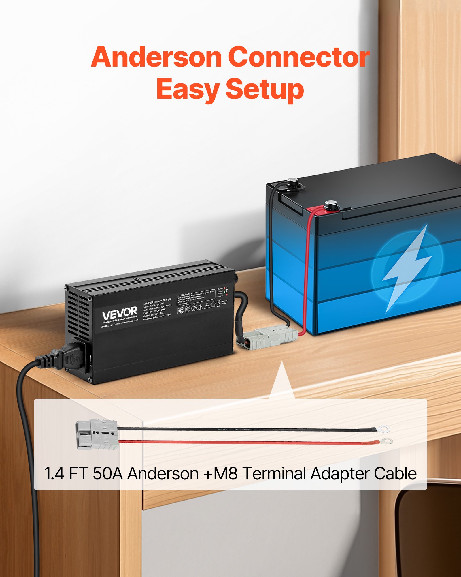 VEVOR 12V 10A Lithium Battery Charger, 14.6V, AC-DC LiFePO4 Smart Charger, with Anderson Connector, LED Indicator, 0V Activation, for Lithium LiFePO4 Deep Cycle Rechargeable Batteries of Boat, RV