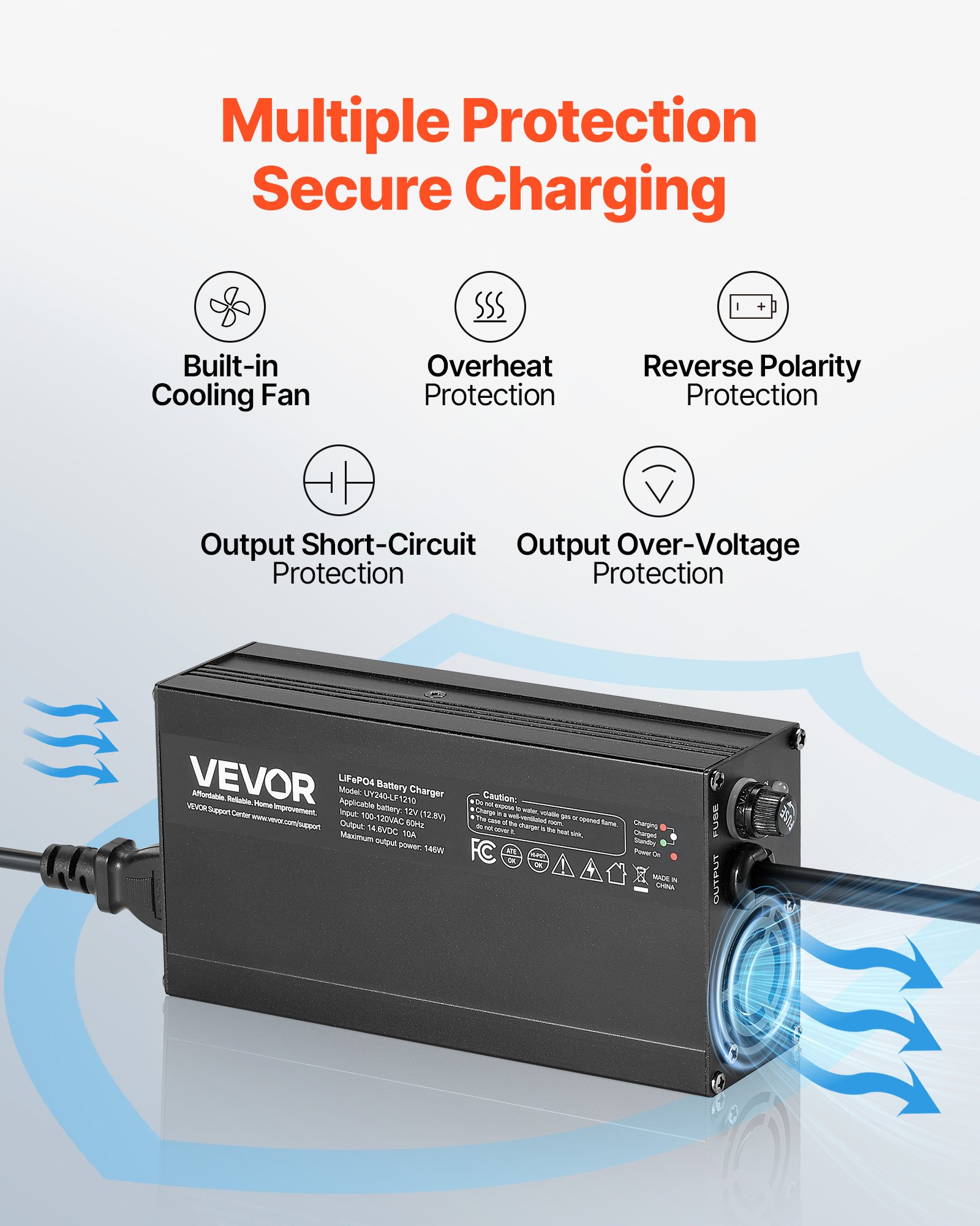 VEVOR 12V 10A lithium-acculader, 14,6V DC-laadspanning, met Anderson-connector, LED-display, 0V-activering, voor lithium-LiFePO4-deepcycle-accu's van boten en campers