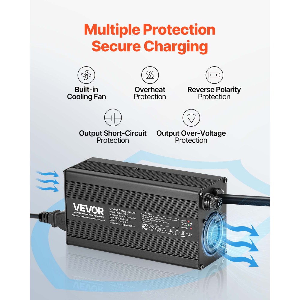 VEVOR 12V 20A Lithium Battery Charger, 14.6V, AC-DC LiFePO4 Smart Charger, with Anderson Connector, LED Indicator, 0V Activation, for Lithium LiFePO4 Deep Cycle Rechargeable Batteries of Boat, RV