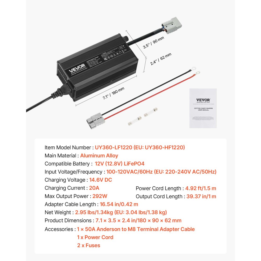 VEVOR 12V 20A Lithium Battery Charger, 14.6V, AC-DC LiFePO4 Smart Charger, with Anderson Connector, LED Indicator, 0V Activation, for Lithium LiFePO4 Deep Cycle Rechargeable Batteries of Boat, RV