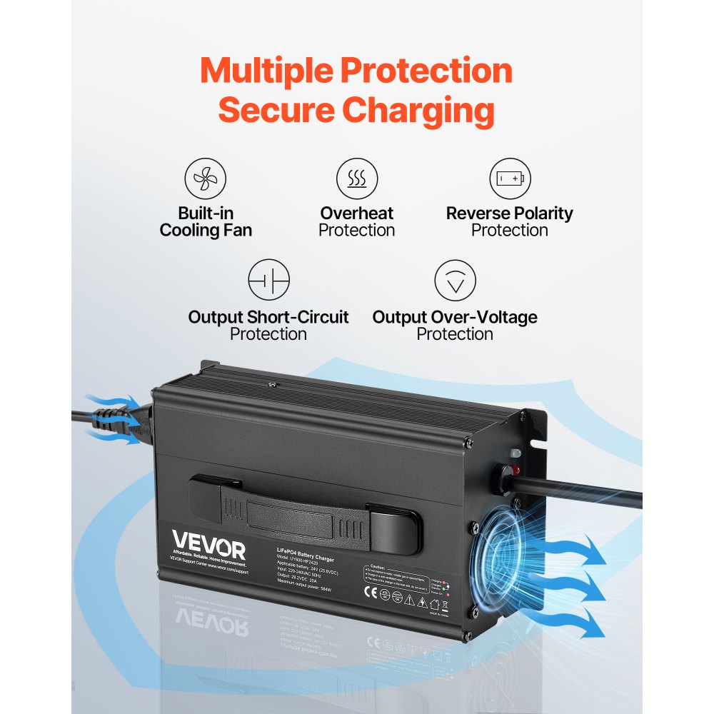 VEVOR 24V 20A Lithium-batterijlader, 29,2V DC-laadspanning, met Anderson-connector, LED-display, 0V-activering, voor lithium LiFePO4-deepcycle-accu's van boten en campers