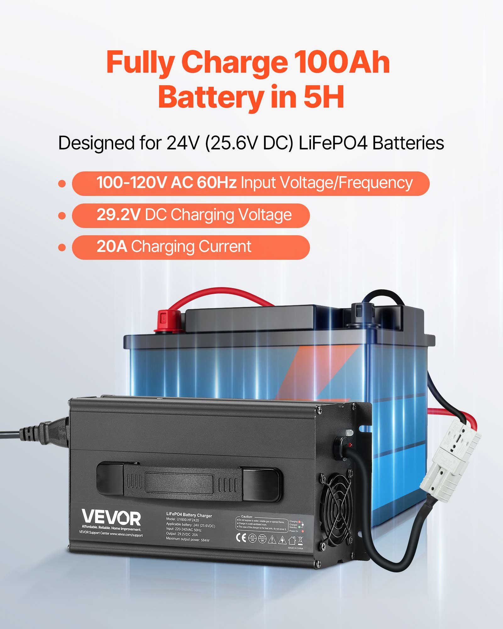 VEVOR 24V 20A Lithium-batterijlader, 29,2V DC-laadspanning, met Anderson-connector, LED-display, 0V-activering, voor lithium LiFePO4-deepcycle-accu's van boten en campers