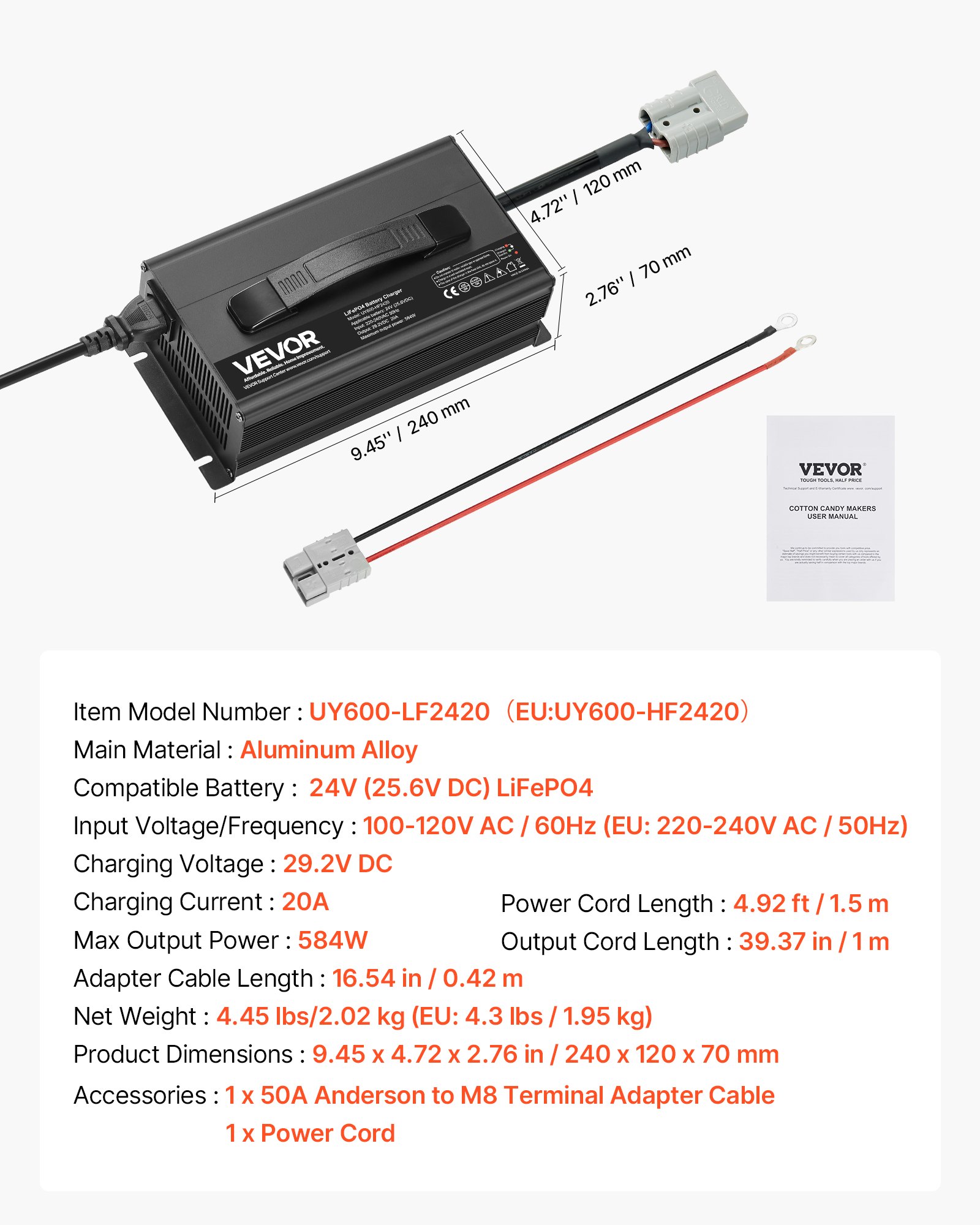 VEVOR 24V 20A Lithium-batterijlader, 29,2V DC-laadspanning, met Anderson-connector, LED-display, 0V-activering, voor lithium LiFePO4-deepcycle-accu's van boten en campers