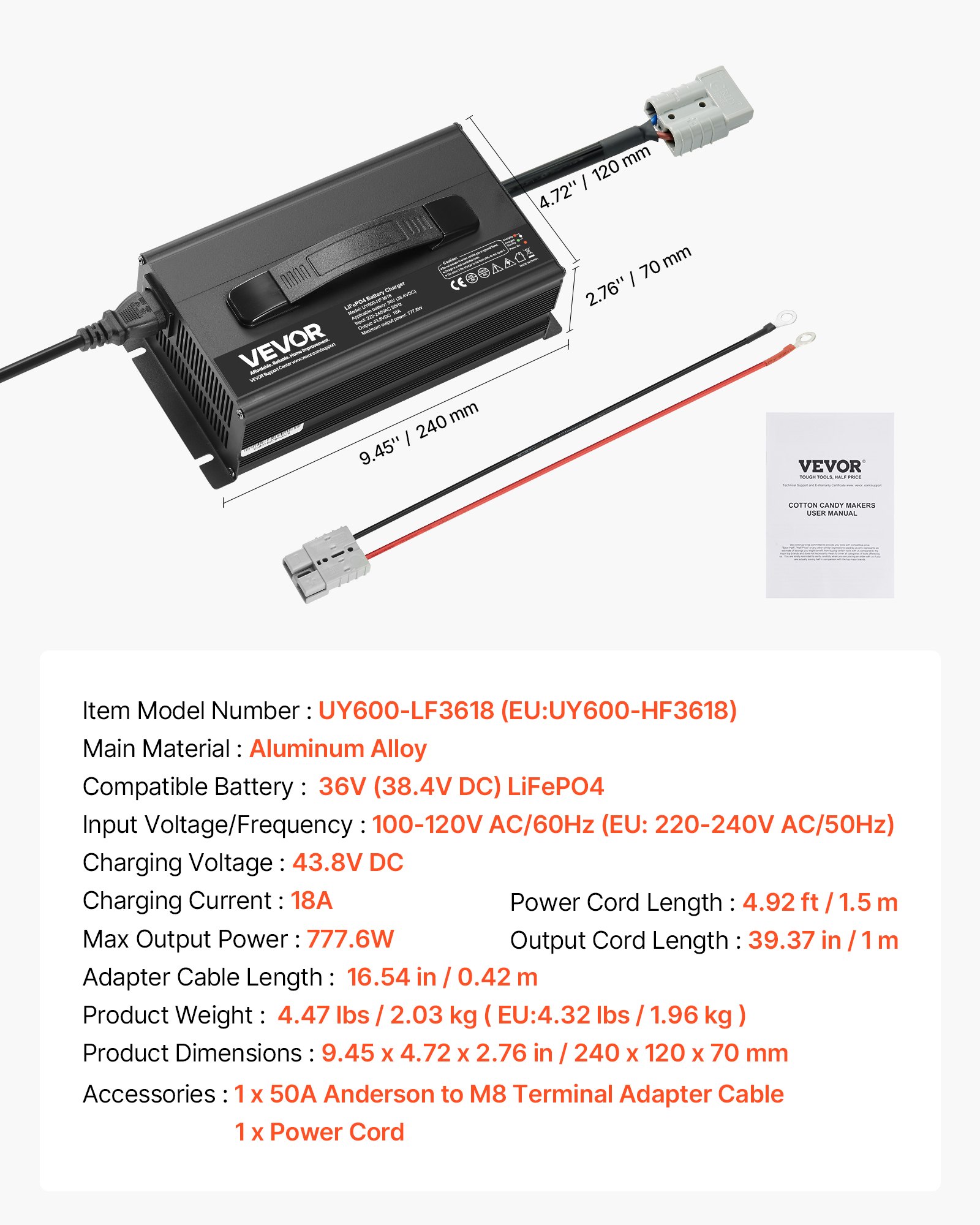 VEVOR 36V 18A Lithium-batterijlader, 43,8V DC-laadspanning, met Anderson-connector, LED-display, 0V-activering, voor lithium LiFePO4-deepcycle-accu's van boten en campers