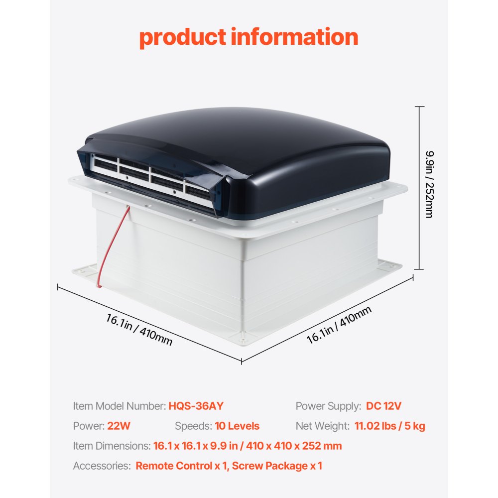 VEVOR RV-ventilator 410x410x252 mm, dakventilator 12 V, omkeerbare ventilator met 10 snelheden en afstandsbediening, regenhoes, elektrische deksel, afzuigventilator, dakventilatie past op RV-dakopeningen