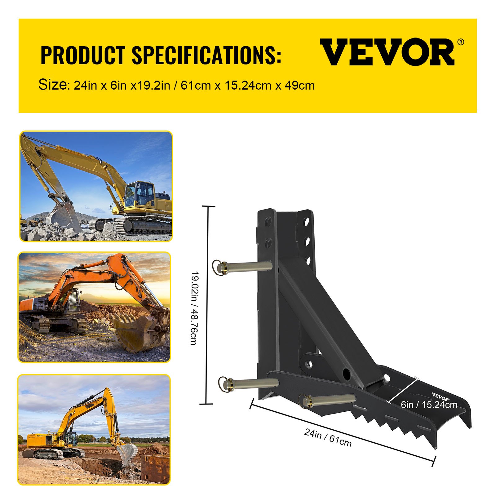 VEVOR 24 inch Excavator Hydraulic Thumb Backhoe Excavator Thumb Attachments Weld 1/2 Inch Teeth Thick Steel Plate Assembly CNC Plasma Cut Bolt-On Design