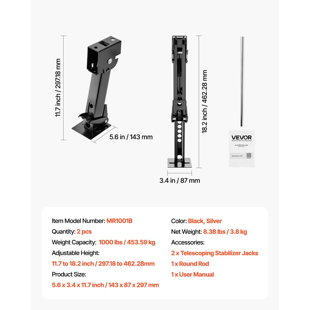 VEVOR Telescopische Stabilisatiesteun 2 stuks. Telescopische, opvouwbare aanhangersteun, draaibare steunset voor caravans en aanhangers, draagvermogen 453,59 kg per stuk, in hoogte verstelbaar van 297,18 tot 462,28 mm.