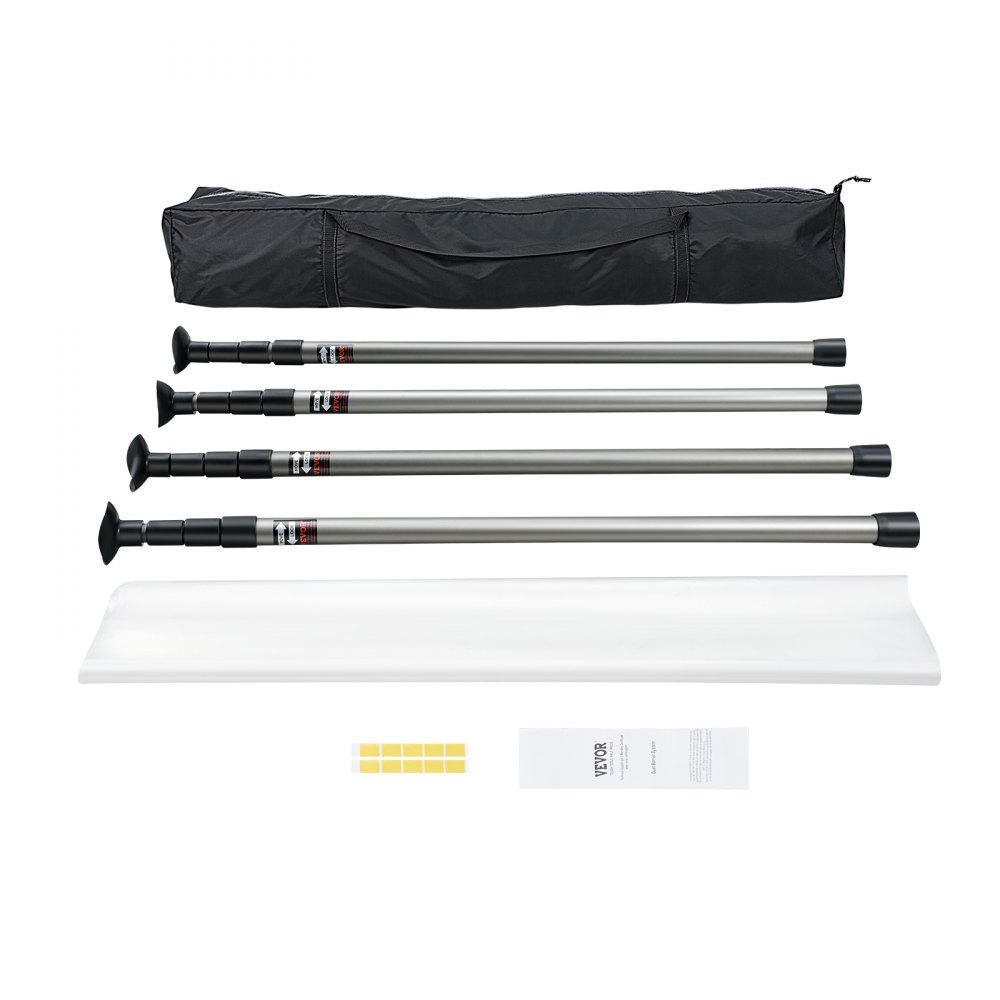 VEVOR dust barrier poles set with carrying bag, four adjustable poles, plastic sheet, and adhesive strips.