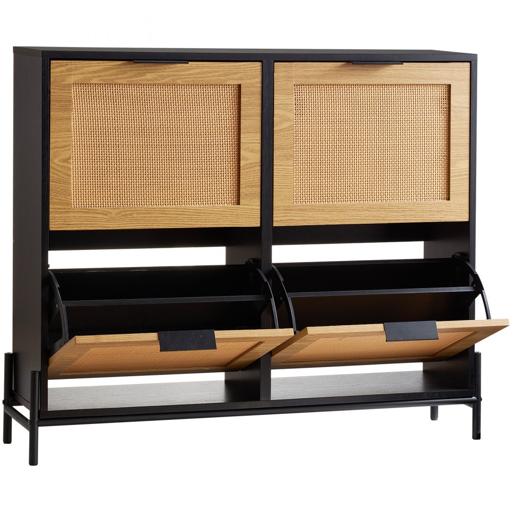 VEVOR Rattan Shoe Cabinet, Narrow Shoe Storage Organizer with 4 Flip Drawers, Slim Shoe Entryway Storage Cabinet with Metal Legs, Ideal for Entryway, Closet, Hallway, Light Wood Color