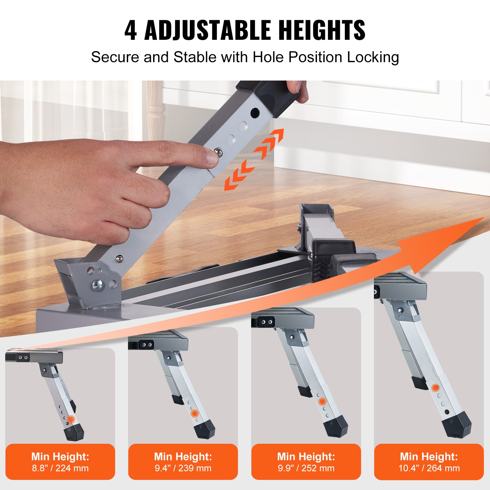 VEVOR household ladder 550x420x220mm foldable aluminum stepladder 1 step step ladder 150kg load capacity folding step 224-239-252-264mm height adjustable kitchen ladder non-slip step stool