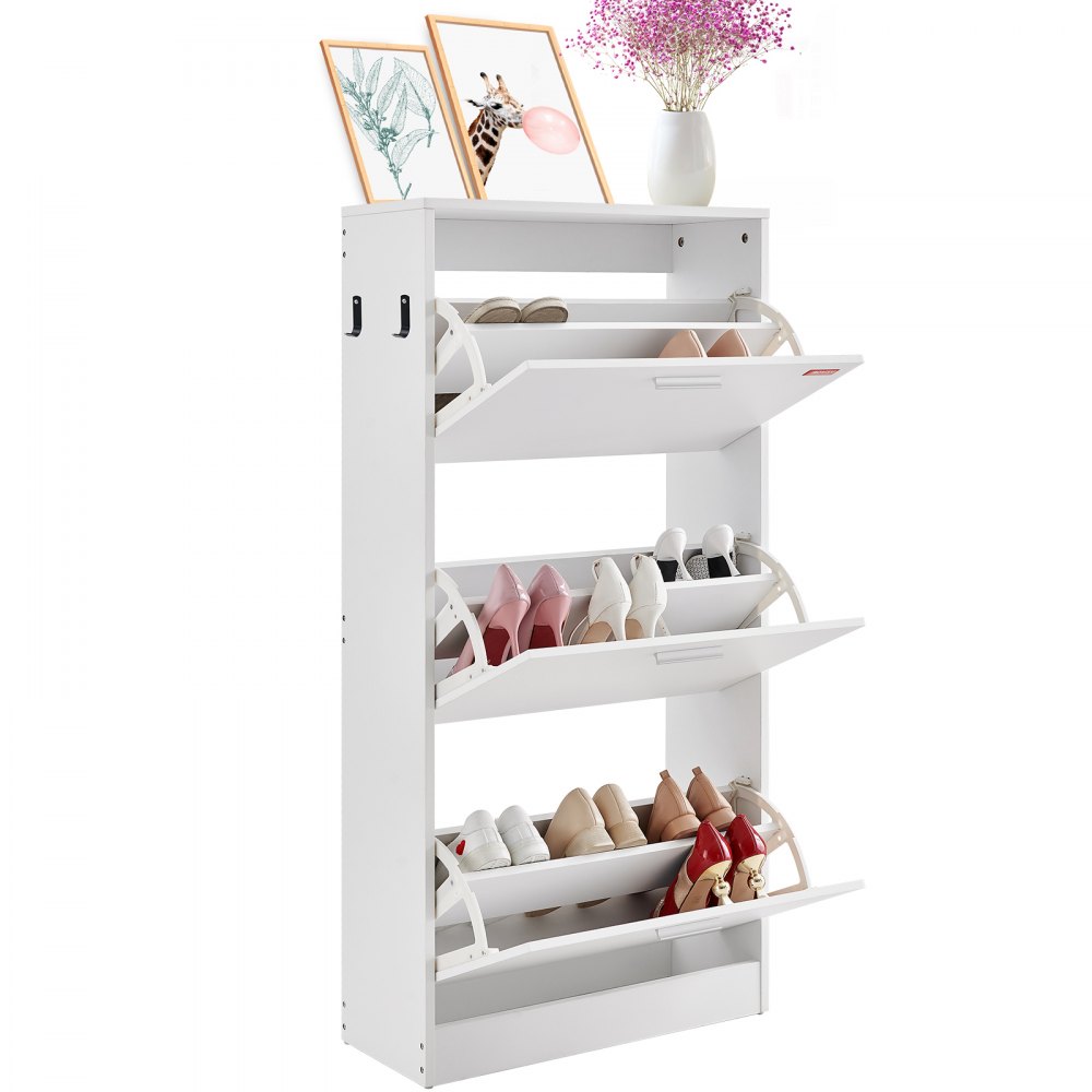 VEVOR narrow shoe cabinet, shoe rack white, 600 x 237 x 1200 mm shoe tipper with 3 flaps + top storage compartment, shoe chest 45.35 kg load capacity, solid wood shoe storage cabinet for hallway