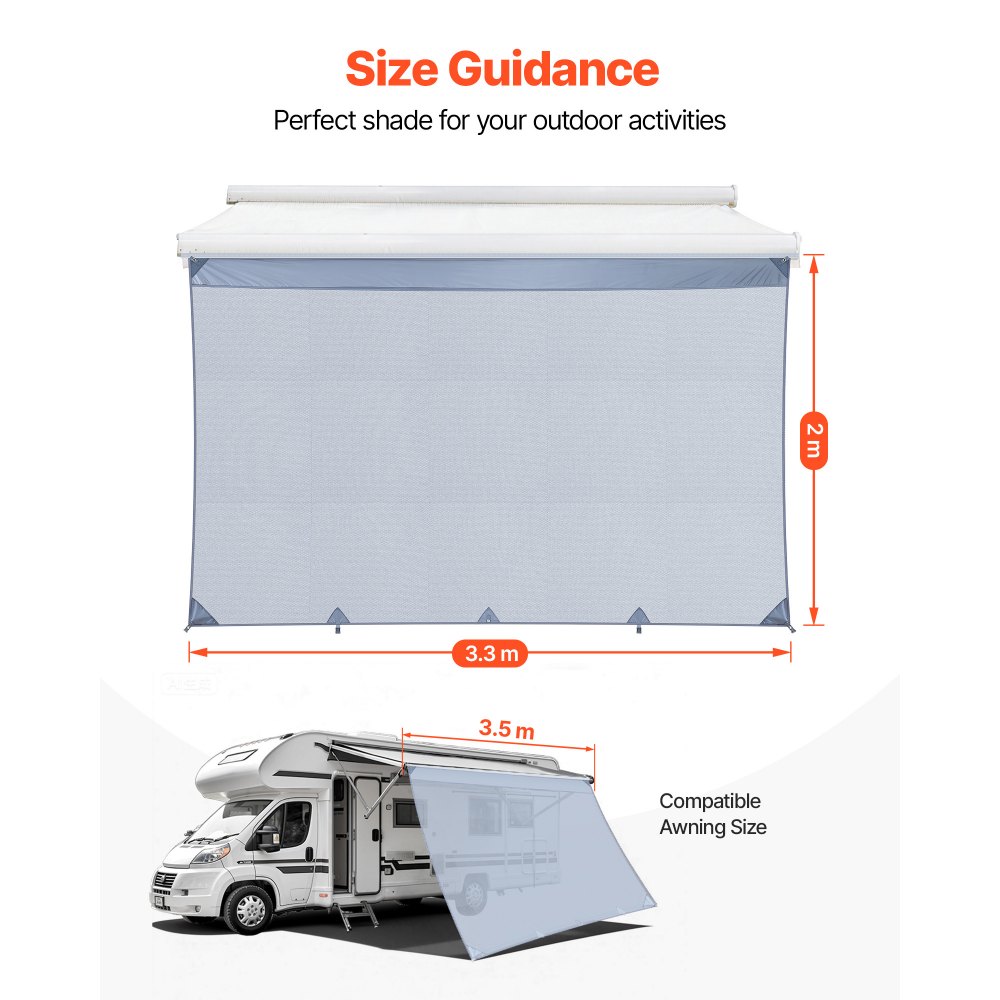 VEVOR zonnescherm (2 x 3,3 m) voor luifels (3,5 m), voorpaneel van polyester meshstof, dubbel gestikt en ademend privacyscherm voor campers, caravans en campers.