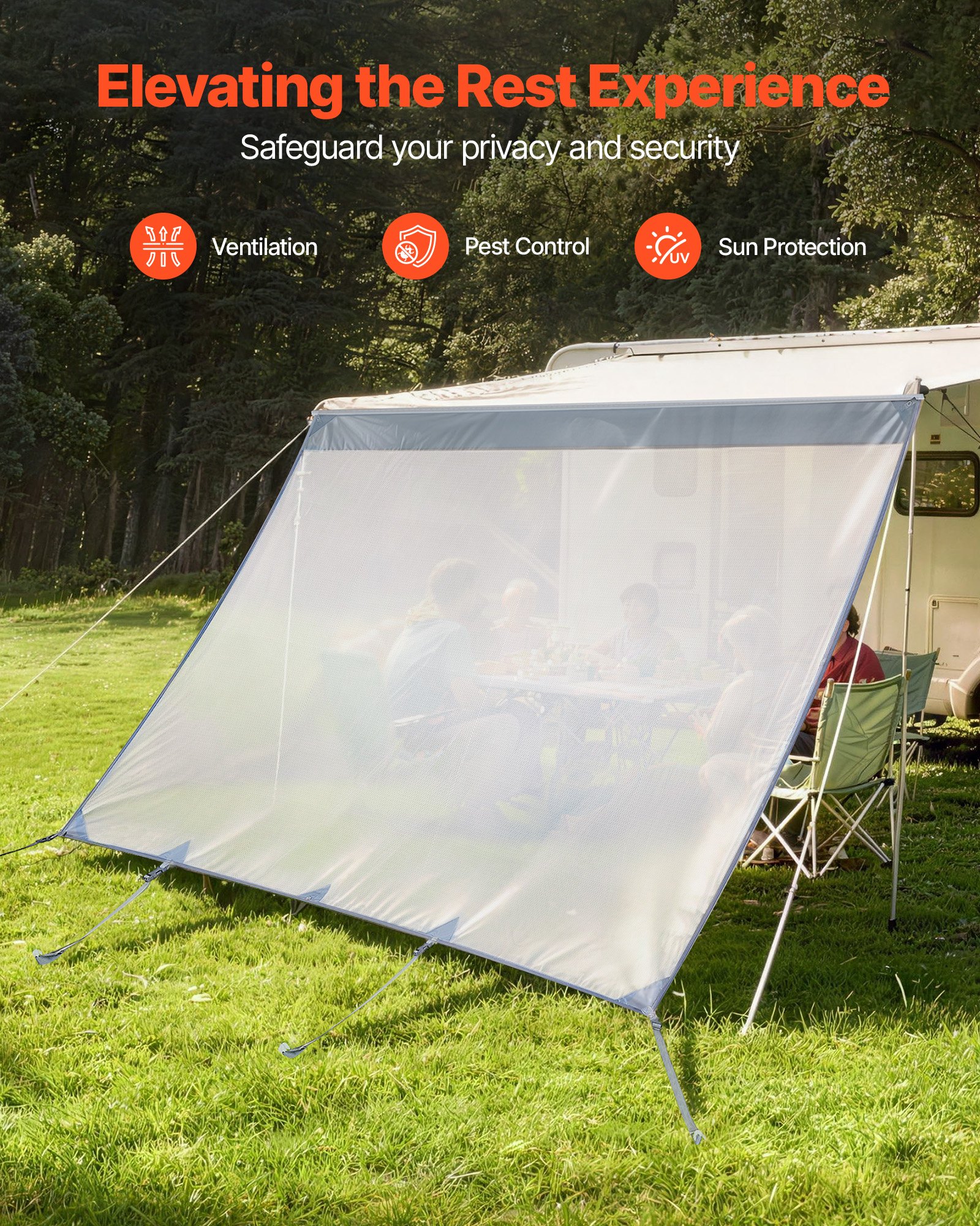 VEVOR zonnescherm (2 x 3,3 m) voor luifels (3,5 m), voorpaneel van polyester meshstof, dubbel gestikt en ademend privacyscherm voor campers, caravans en campers.