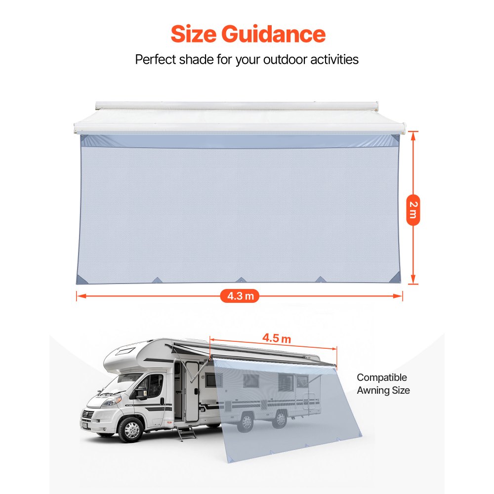VEVOR zonnescherm (2 x 4,3 m) voor luifels (4,5 m), voorpaneel van polyester meshstof, dubbel gestikt en ademend privacyscherm voor campers, caravans en campers.