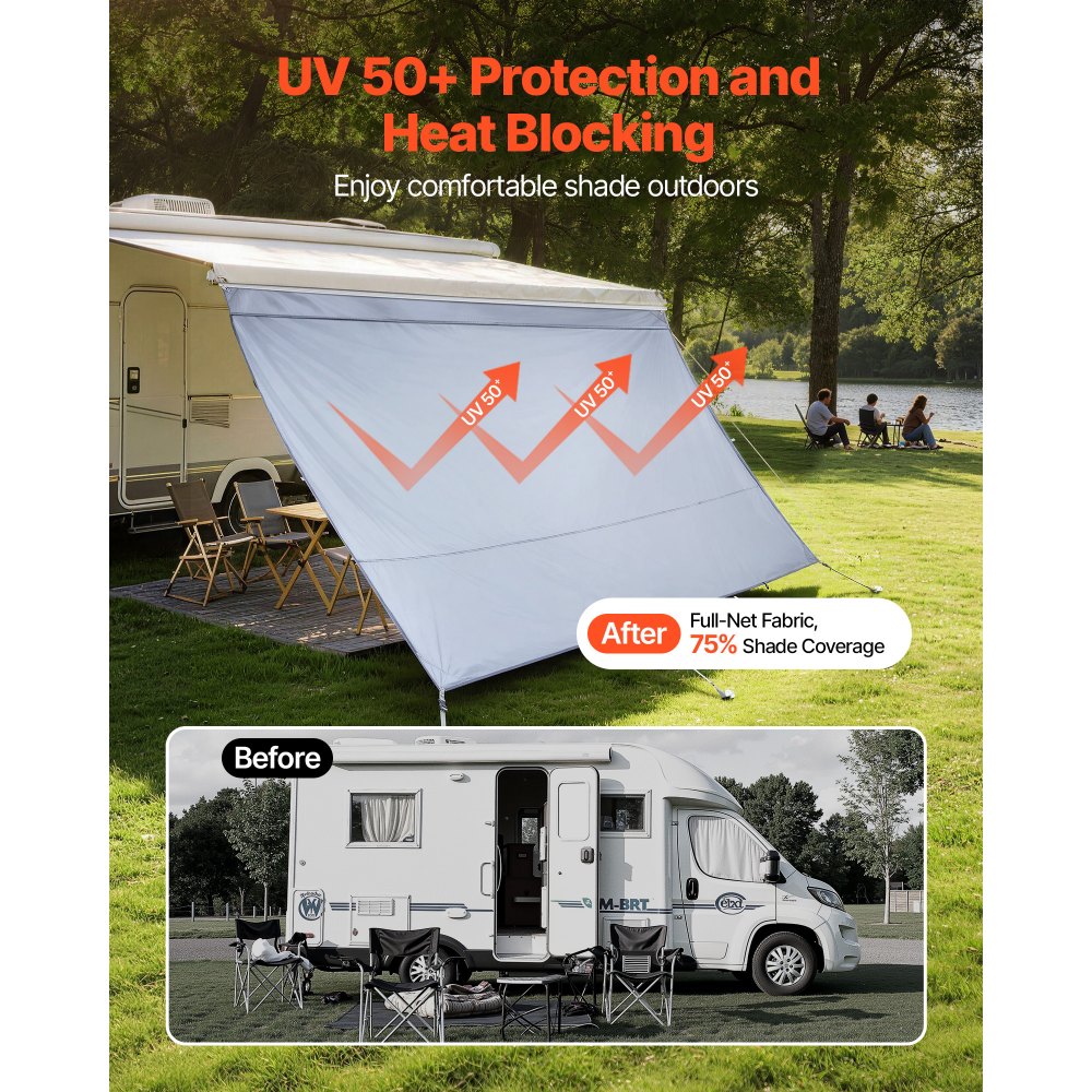 VEVOR zonnescherm (2 x 3,7 m) voor luifels (4 m), voorpaneel voor luifel met UV50+ bescherming, PU-hoes met ritssluiting en dubbelgestikt polyester gaasdoek, regenhoes voor campers, caravans en campers.