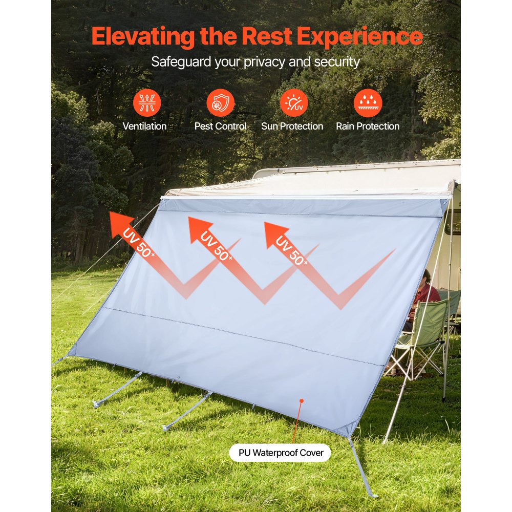 VEVOR zonnescherm (2 x 3,7 m) voor luifels (4 m), voorpaneel voor luifel met UV50+ bescherming, PU-hoes met ritssluiting en dubbelgestikt polyester gaasdoek, regenhoes voor campers, caravans en campers.