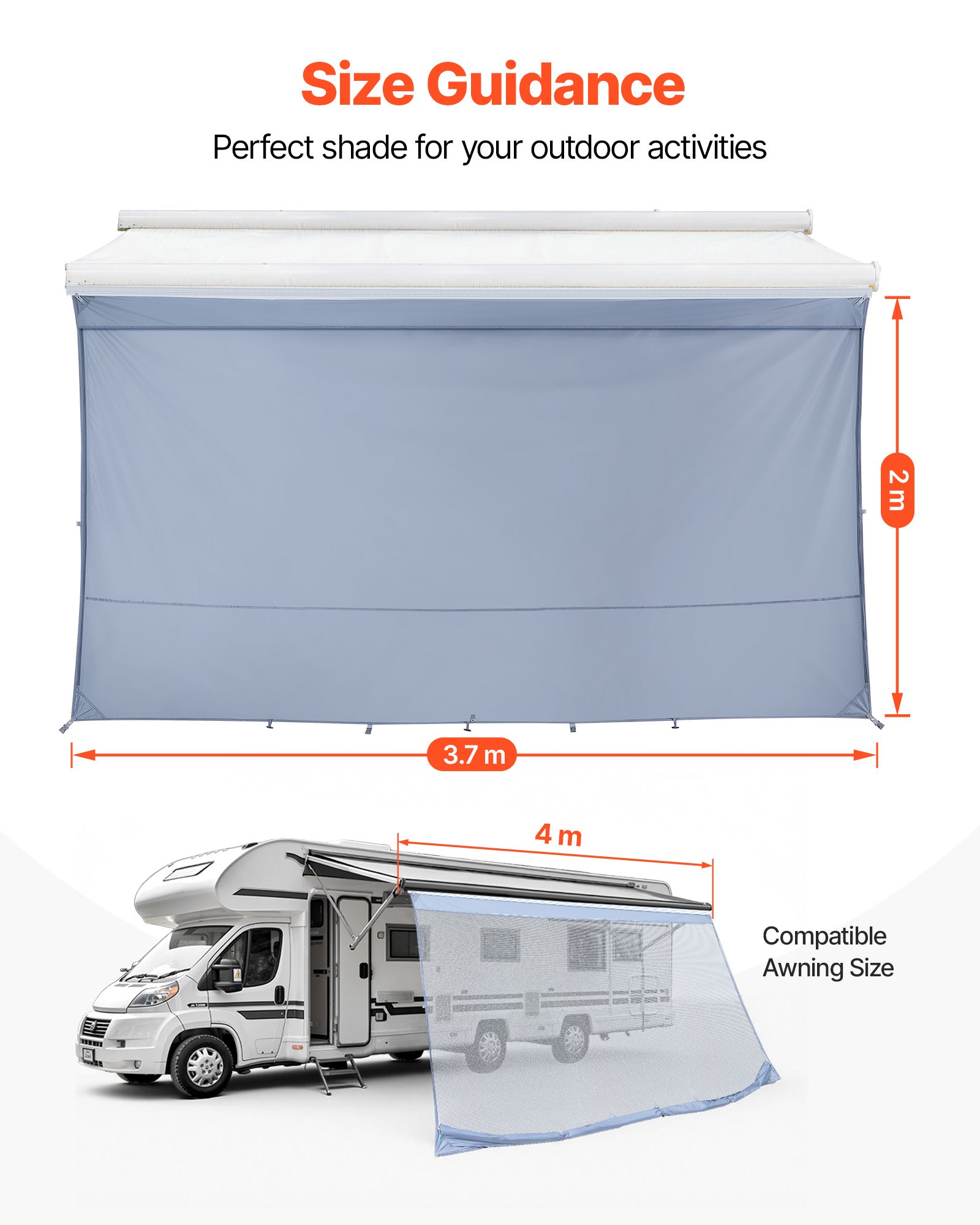 VEVOR zonnescherm (2 x 3,7 m) voor luifels (4 m), voorpaneel voor luifel met UV50+ bescherming, PU-hoes met ritssluiting en dubbelgestikt polyester gaasdoek, regenhoes voor campers, caravans en campers.