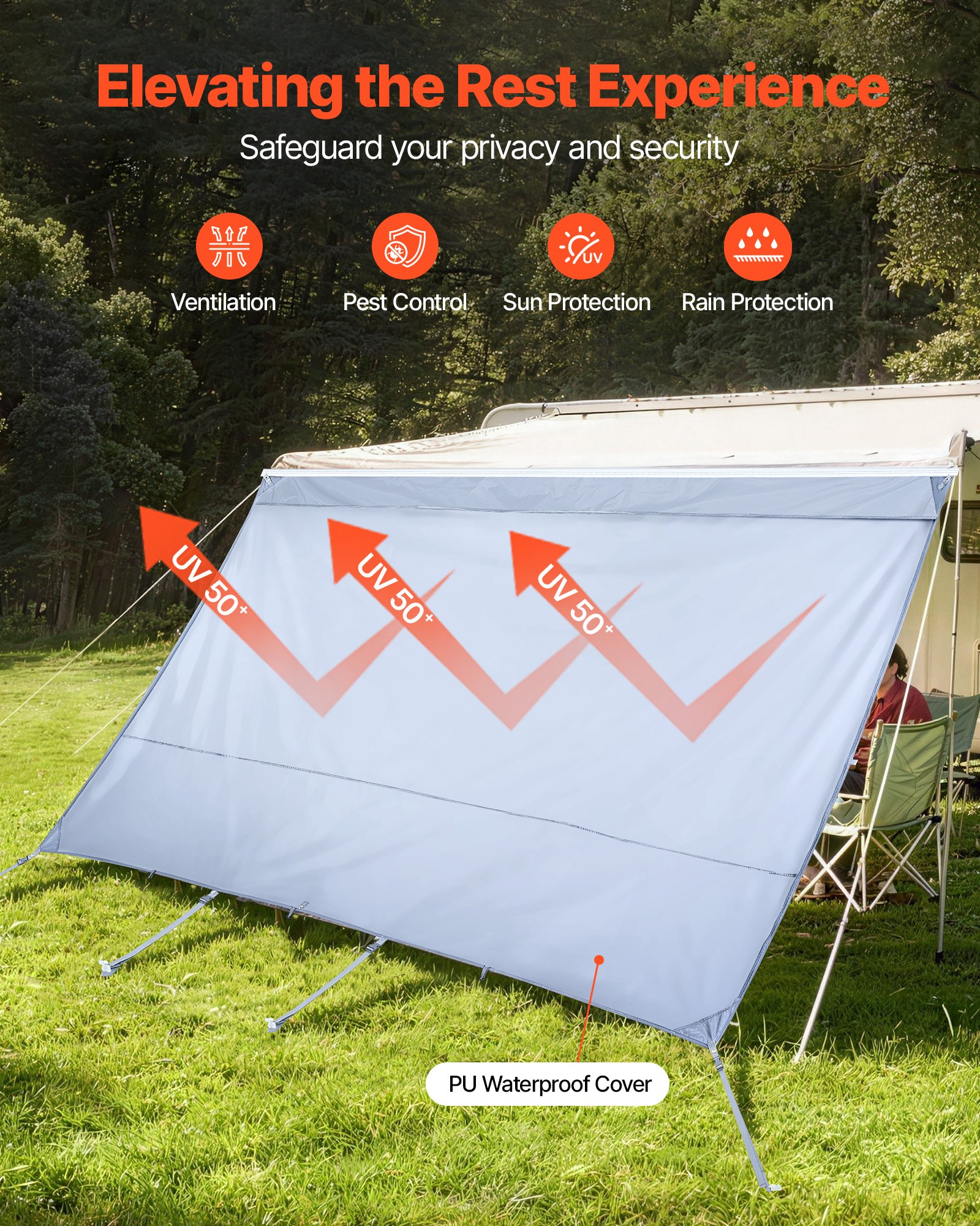 VEVOR zonnescherm (2 x 3,7 m) voor luifels (4 m), voorpaneel voor luifel met UV50+ bescherming, PU-hoes met ritssluiting en dubbelgestikt polyester gaasdoek, regenhoes voor campers, caravans en campers.