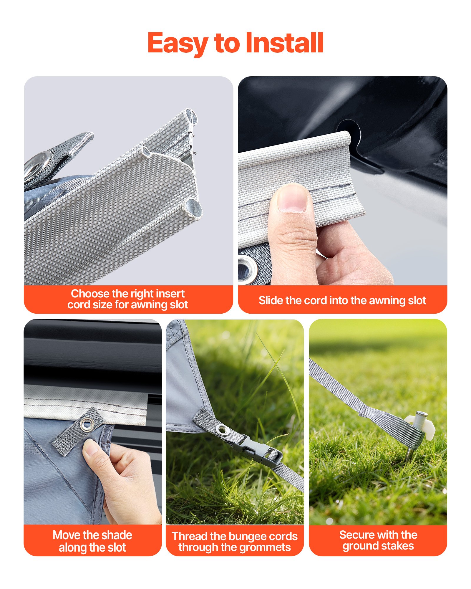 VEVOR zonnescherm (2 x 3,7 m) voor luifels (4 m), voorpaneel voor luifel met UV50+ bescherming, PU-hoes met ritssluiting en dubbelgestikt polyester gaasdoek, regenhoes voor campers, caravans en campers.