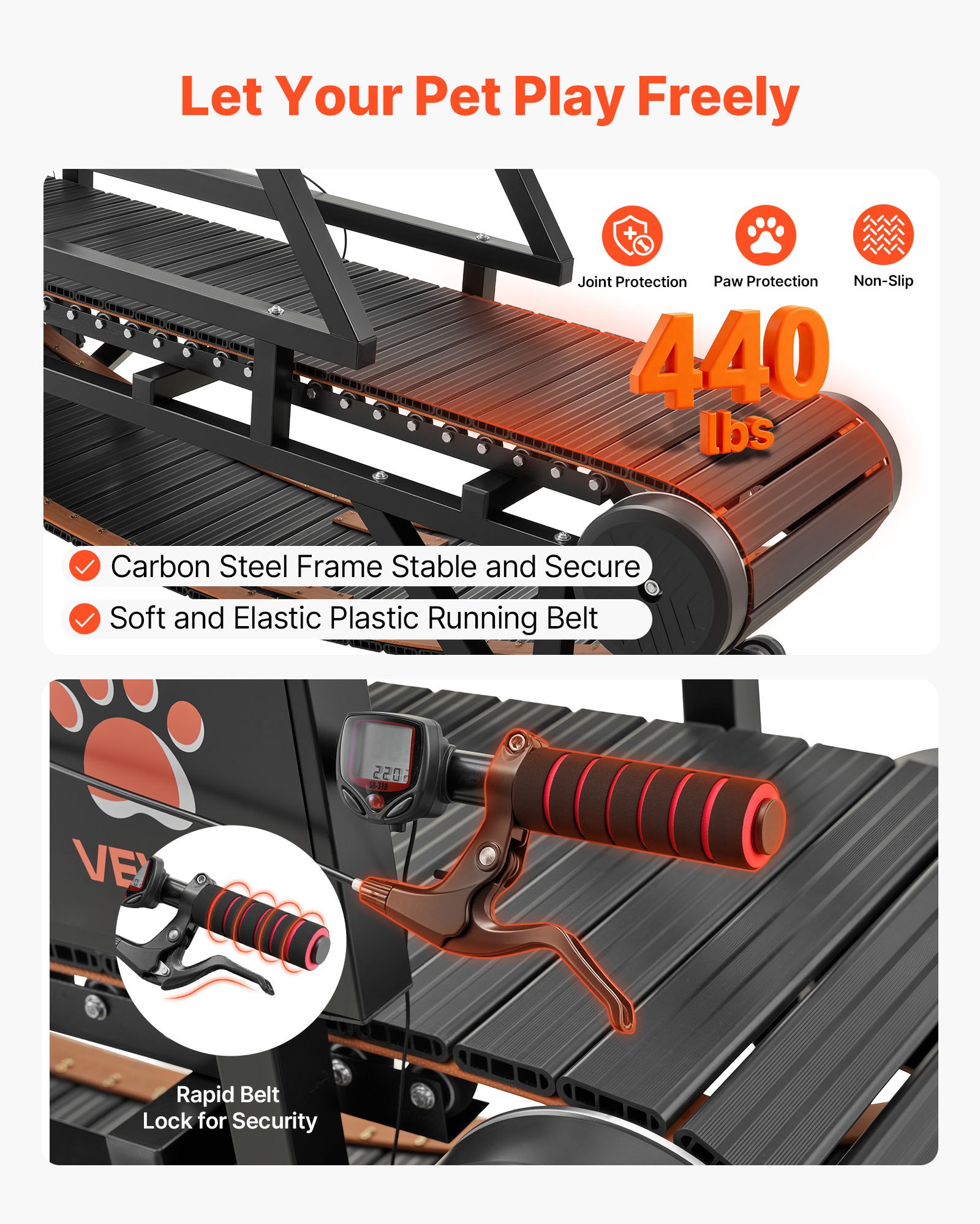 VEVOR Dog Treadmill for Small/Medium Dogs, Pet Running Machine Pacer Slatmill with Stepless Adjustment, Brake & Wheels, Upgrade Plastic Belt to Keep Pets Fit, Up to 199.6kg, 15cm Incline Height