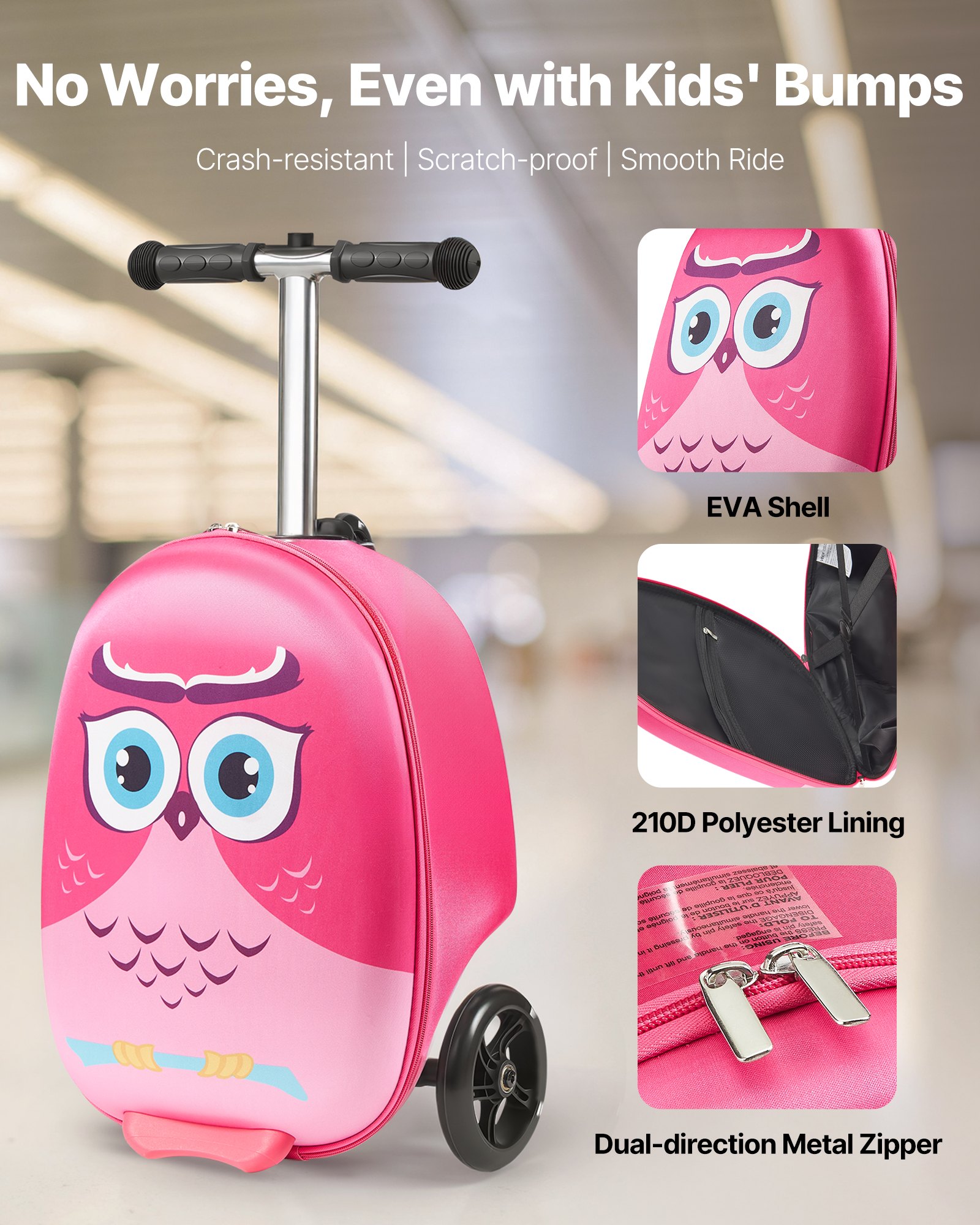 VEVOR Ride-on Luggage, 20 L Capacity, 20 Inches Kids Scooter Suitcase with Flash PU Wheels, Adjustable Handle & TPR Non-Slip Grip, Foldable & Lightweight Scooter Luggage for Kids Aged 5+, Pink