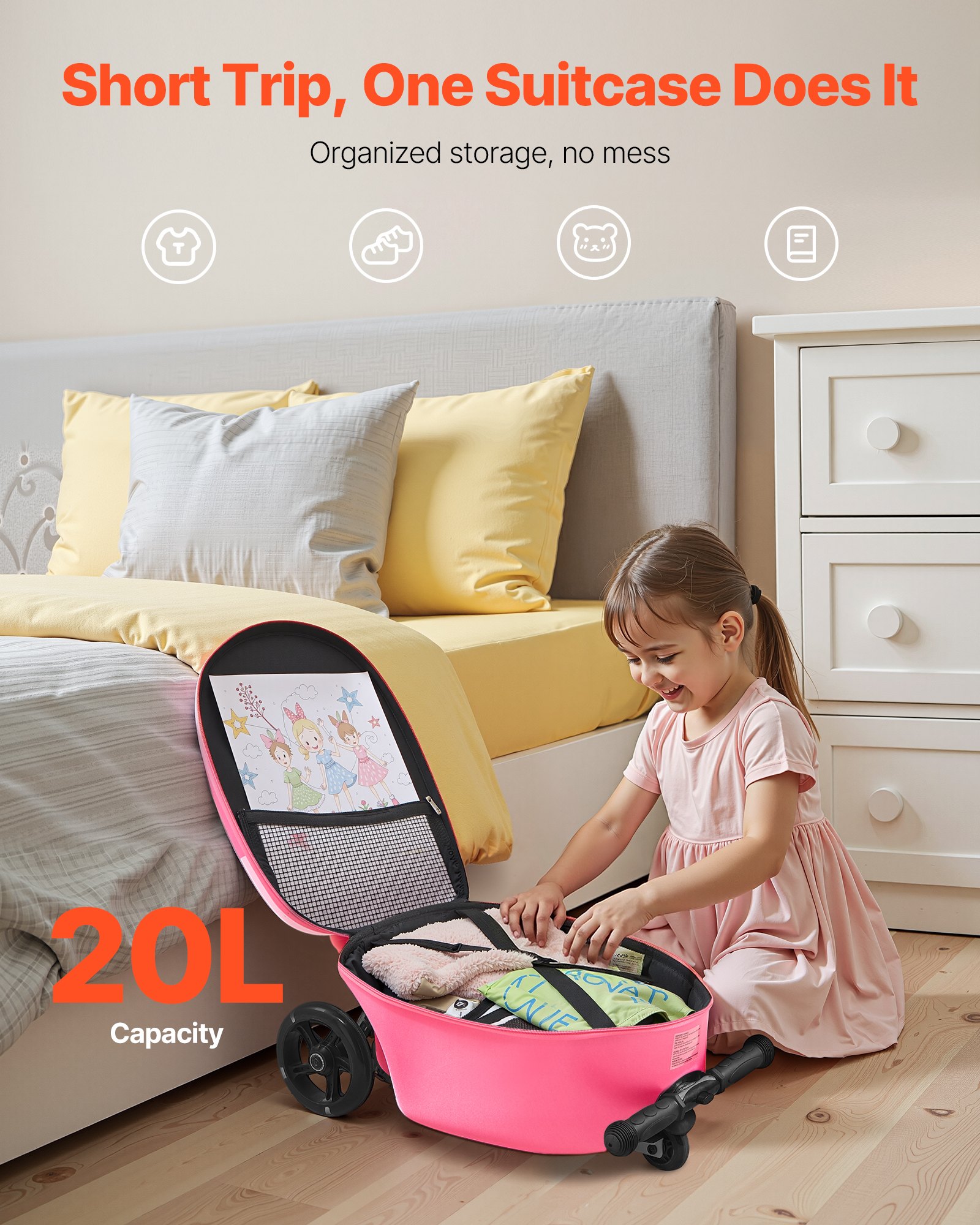 VEVOR Ride-on Luggage, 20 L Capacity, 20 Inches Kids Scooter Suitcase with Flash PU Wheels, Adjustable Handle & TPR Non-Slip Grip, Foldable & Lightweight Scooter Luggage for Kids Aged 5+, Pink