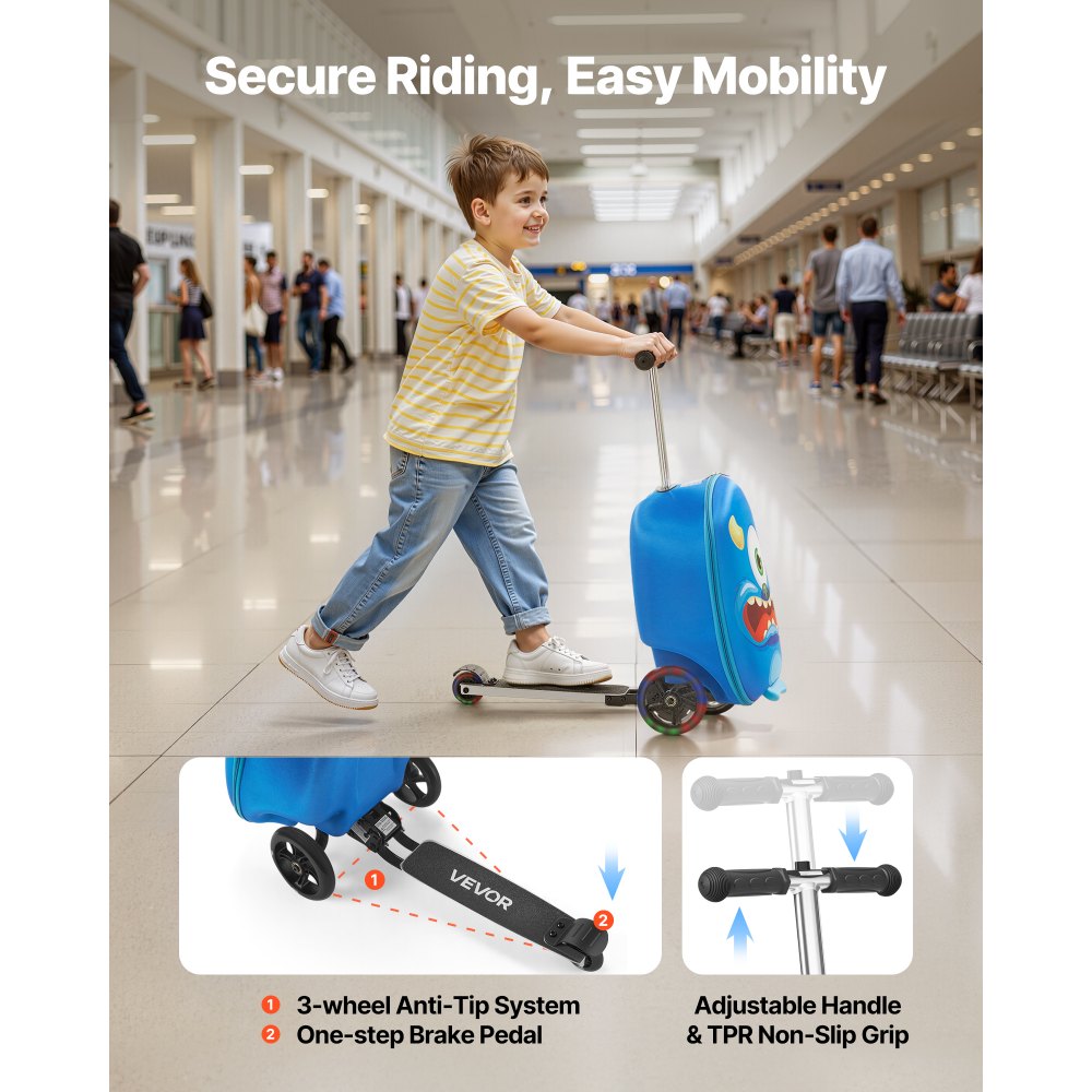 VEVOR Scooterkoffer, 20 liter inhoud, reiskoffer met Flash PU-wielen, TPR antislip handgreep, max. draagvermogen 50 kg, handbagage voor kinderen, voor kinderen vanaf 5 jaar, blauw