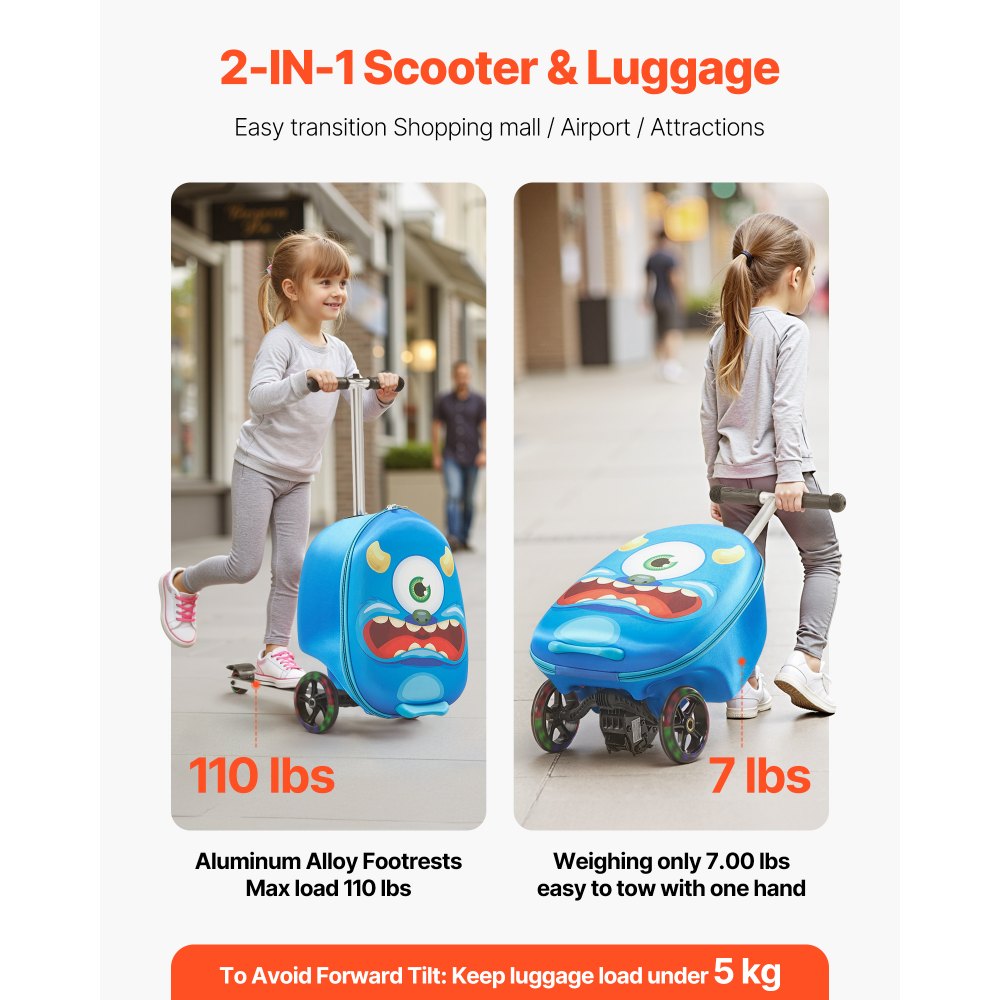 VEVOR Scooterkoffer, 20 liter inhoud, reiskoffer met Flash PU-wielen, TPR antislip handgreep, max. draagvermogen 50 kg, handbagage voor kinderen, voor kinderen vanaf 5 jaar, blauw