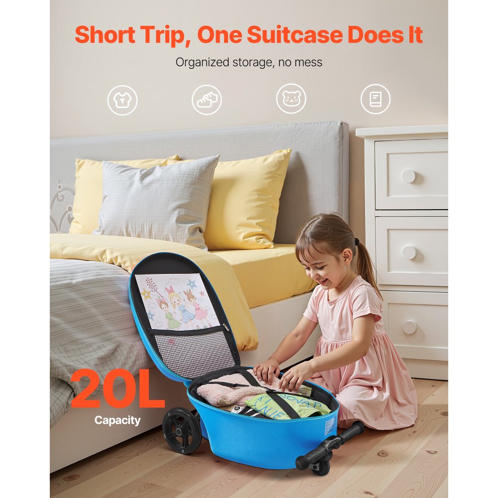 VEVOR Scooterkoffer, 20 liter inhoud, reiskoffer met Flash PU-wielen, TPR antislip handgreep, max. draagvermogen 50 kg, handbagage voor kinderen, voor kinderen vanaf 5 jaar, blauw