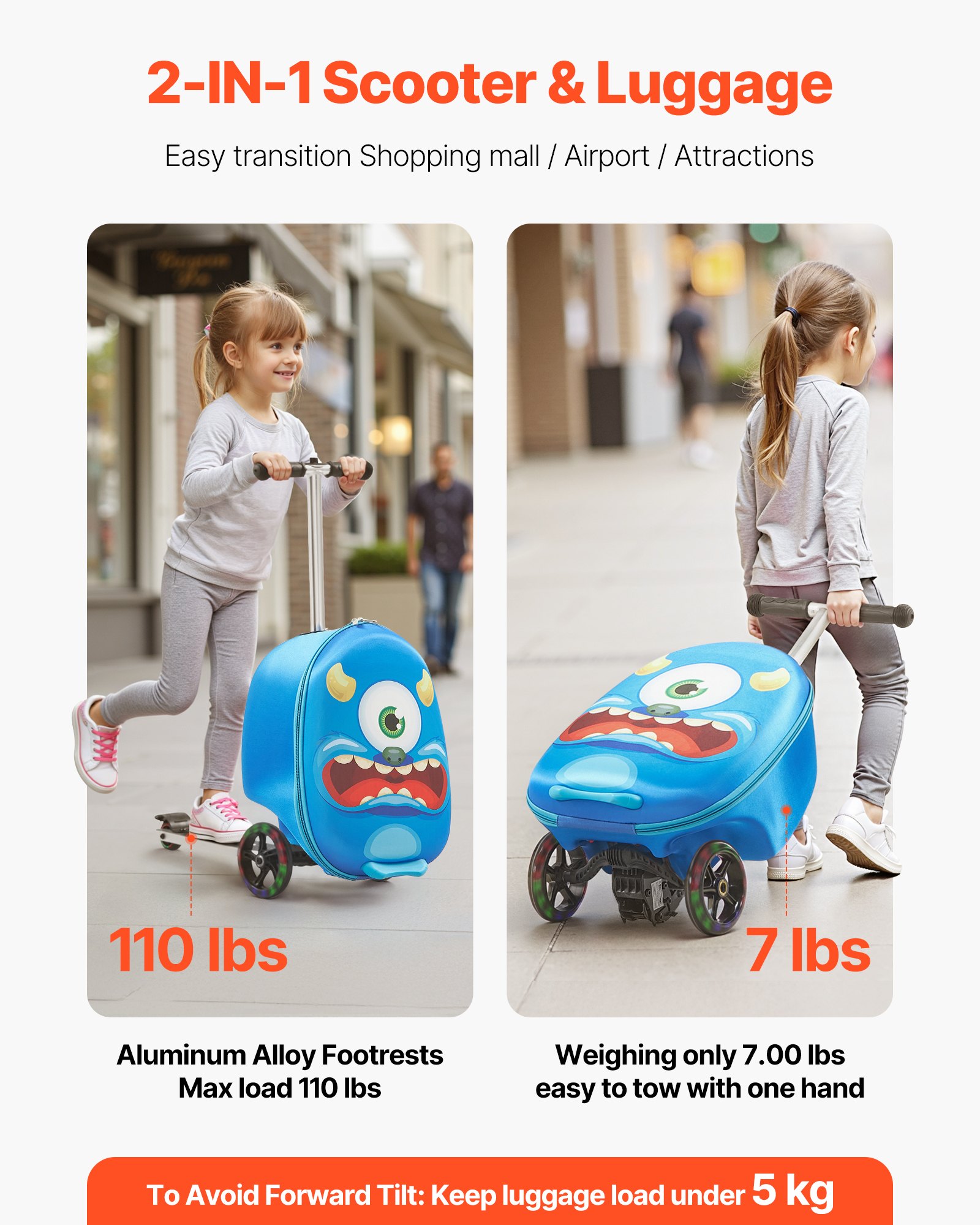 VEVOR Ride-on Luggage, 20 L Capacity, 20 Inches Kids Scooter Suitcase with Flash PU Wheels, Adjustable Handle & TPR Non-Slip Grip, Foldable & Lightweight Scooter Luggage for Kids Aged 5+, Blue