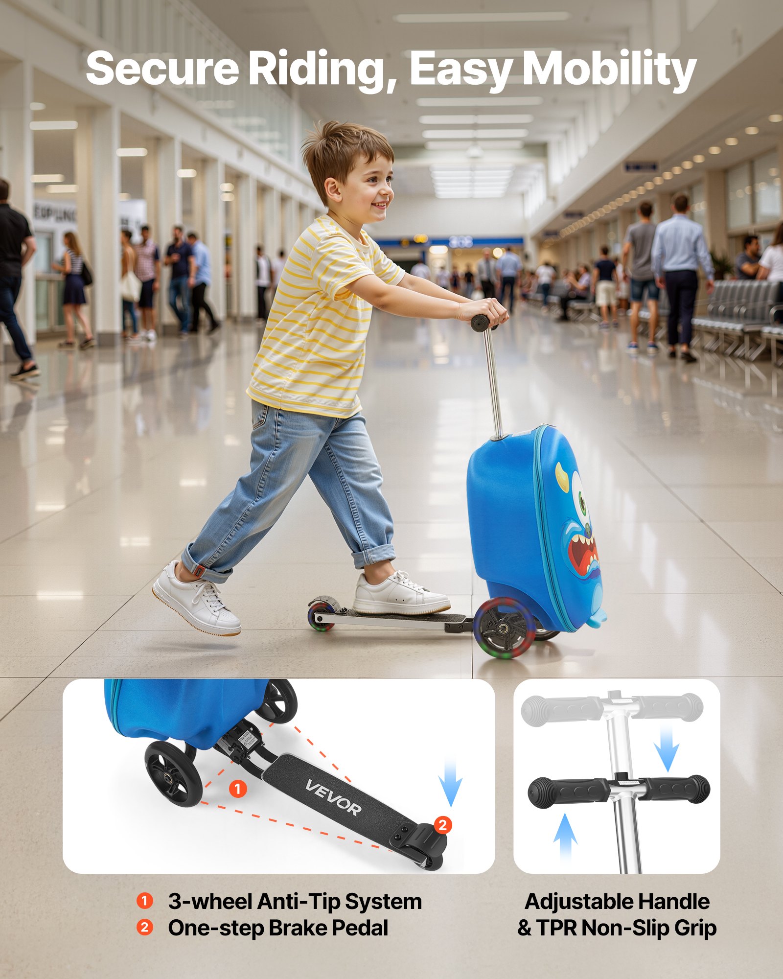 VEVOR Scooterkoffer, 20 liter inhoud, reiskoffer met Flash PU-wielen, TPR antislip handgreep, max. draagvermogen 50 kg, handbagage voor kinderen, voor kinderen vanaf 5 jaar, blauw