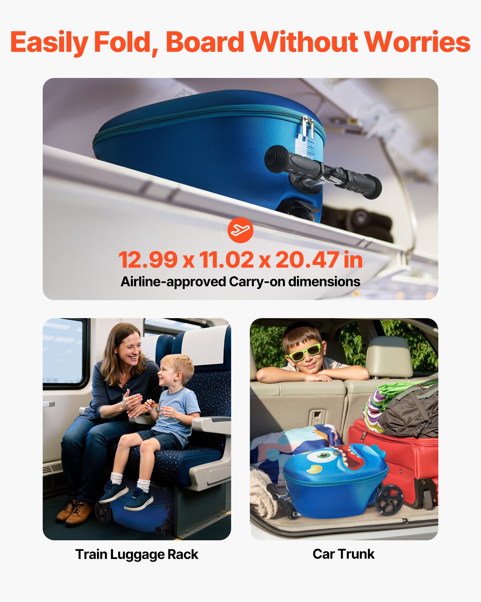 VEVOR Scooterkoffer, 20 liter inhoud, reiskoffer met Flash PU-wielen, TPR antislip handgreep, max. draagvermogen 50 kg, handbagage voor kinderen, voor kinderen vanaf 5 jaar, blauw