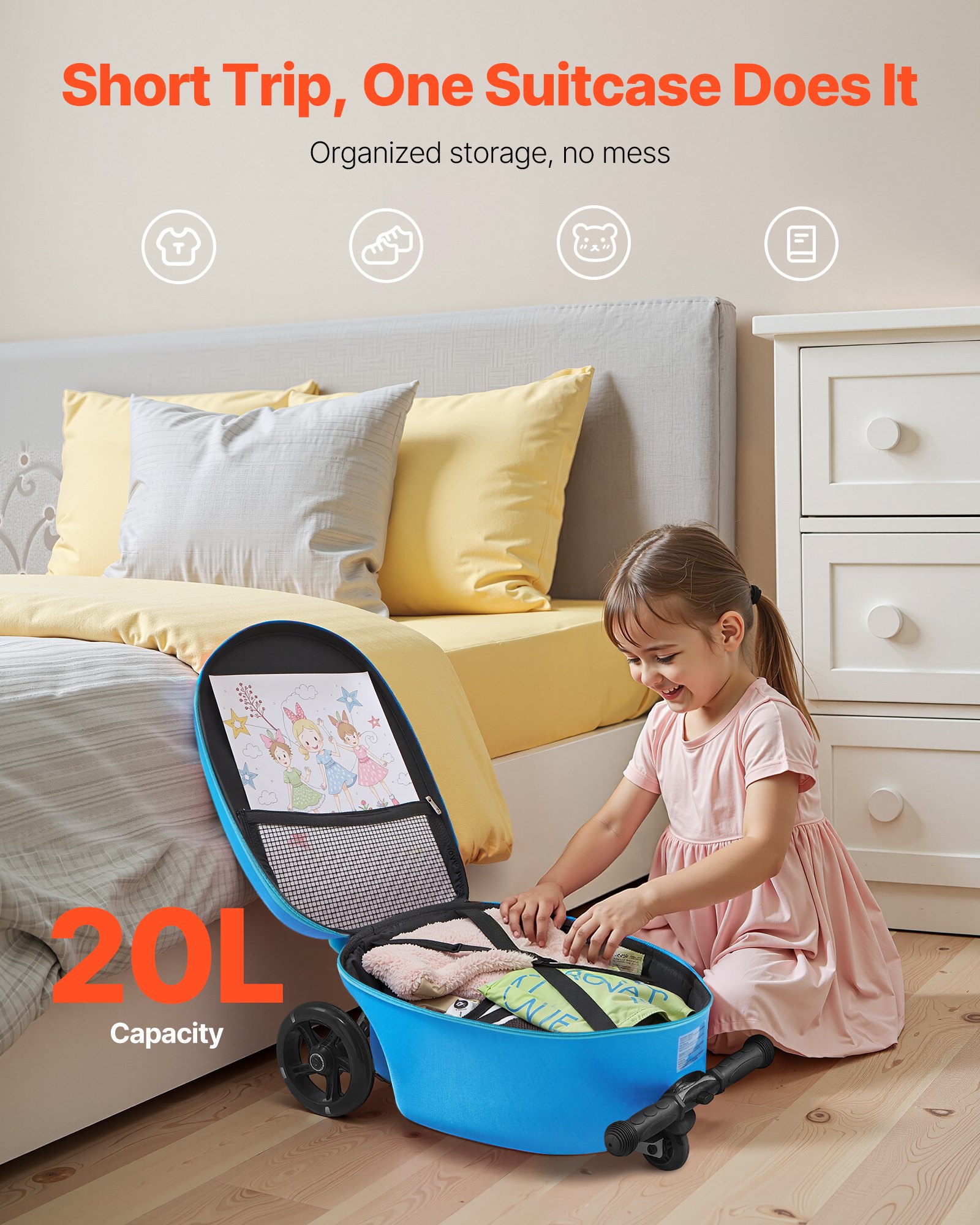 VEVOR Scooterkoffer, 20 liter inhoud, reiskoffer met Flash PU-wielen, TPR antislip handgreep, max. draagvermogen 50 kg, handbagage voor kinderen, voor kinderen vanaf 5 jaar, blauw