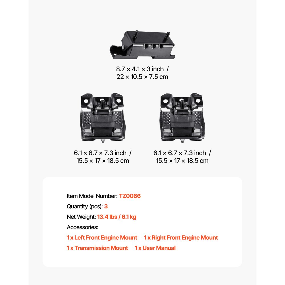 VEVOR Motor- en transmissiebevestigingsset, vervanging van de motorbevestiging (3-delig), compatibel met Chevrolet Silverado 1500 5.3L V8 van 2007–2013, vervangt OE# A5365, A5365, A2638, veilige ondersteuning