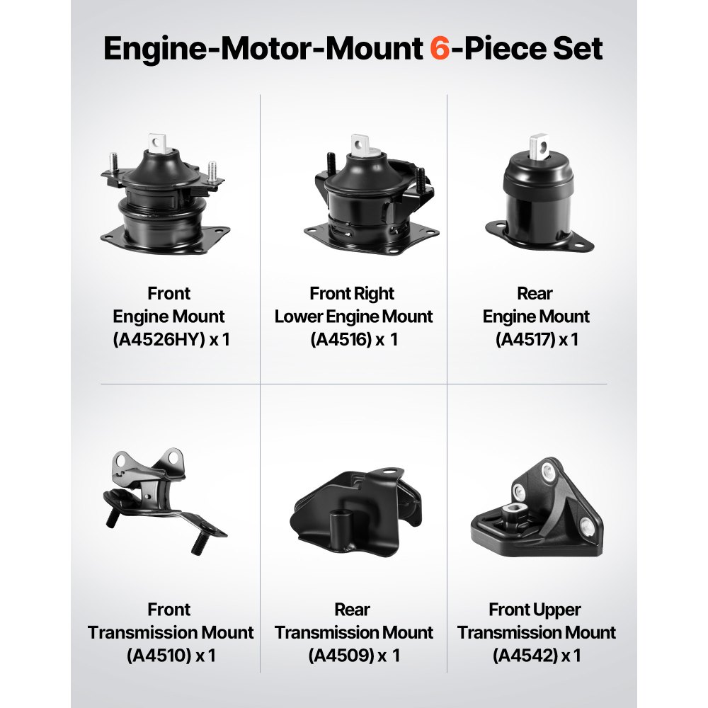 VEVOR Engine Motor Mount and Transmission Mount Kit Replacement, Set of 6, Compatible with 2003–2007 Honda Accord 2.4L L4, Replace OE# A4526HY, A4517, A4516, A4510, A4509, A4542, Secure Support