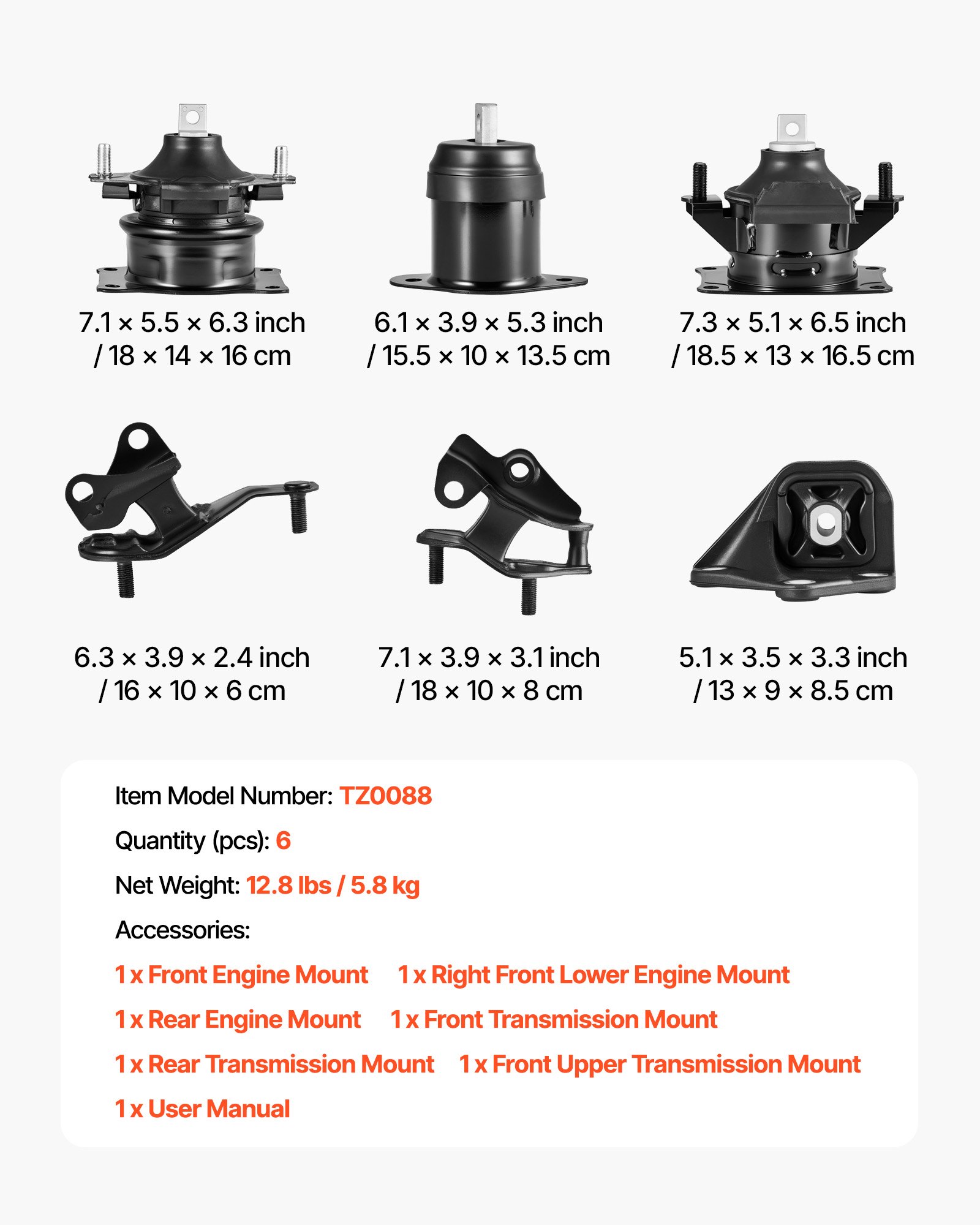 VEVOR Motor- en transmissiebevestigingsset (6-delig) compatibel met Honda Accord 2.4L L4 uit 2003-2007, vervangt OE# A4526HY, A4517, A4516, A4510, A4509, A4542, veilige ondersteuning