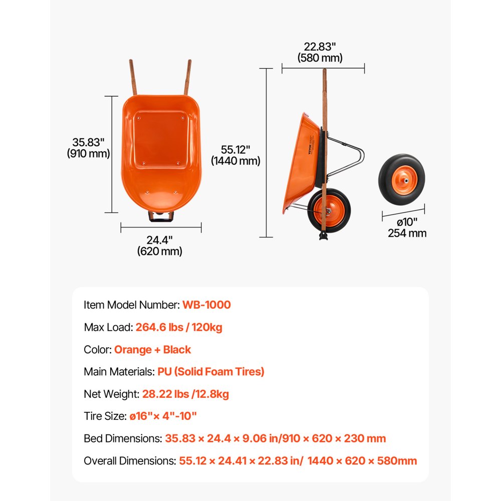 VEVOR Wheelbarrow Cart, 5 Cu. Ft. Load & 330 lbs Capacity, One Wheel Garden Dump Cart, Garden Wagon with Metal Handle &  16" Wide Track Wheels, Easy Loading Utility Yard Cart & Wagons for Lawn Farm
